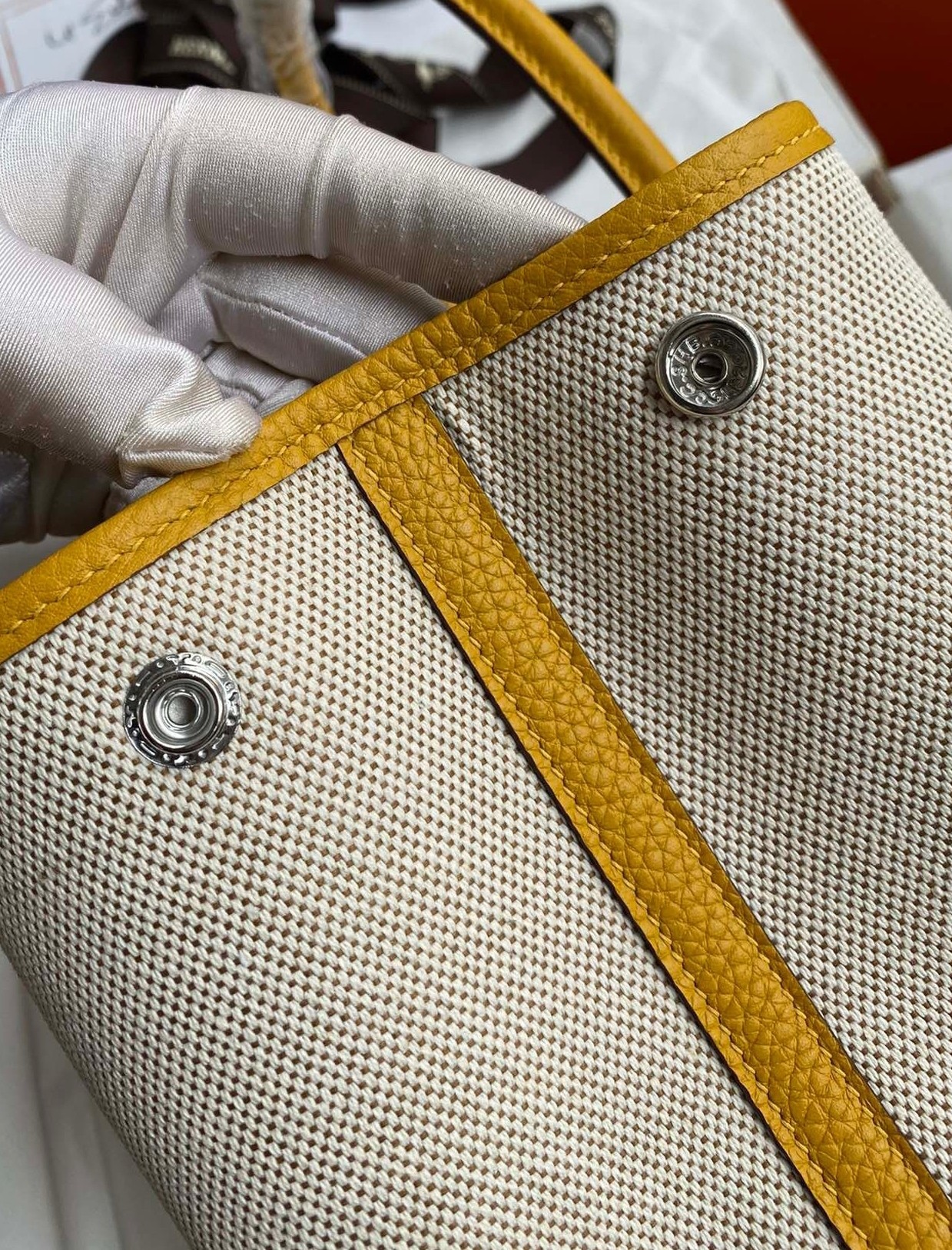 H**mes garden party 30 handmade bag in toile and yellow leather
