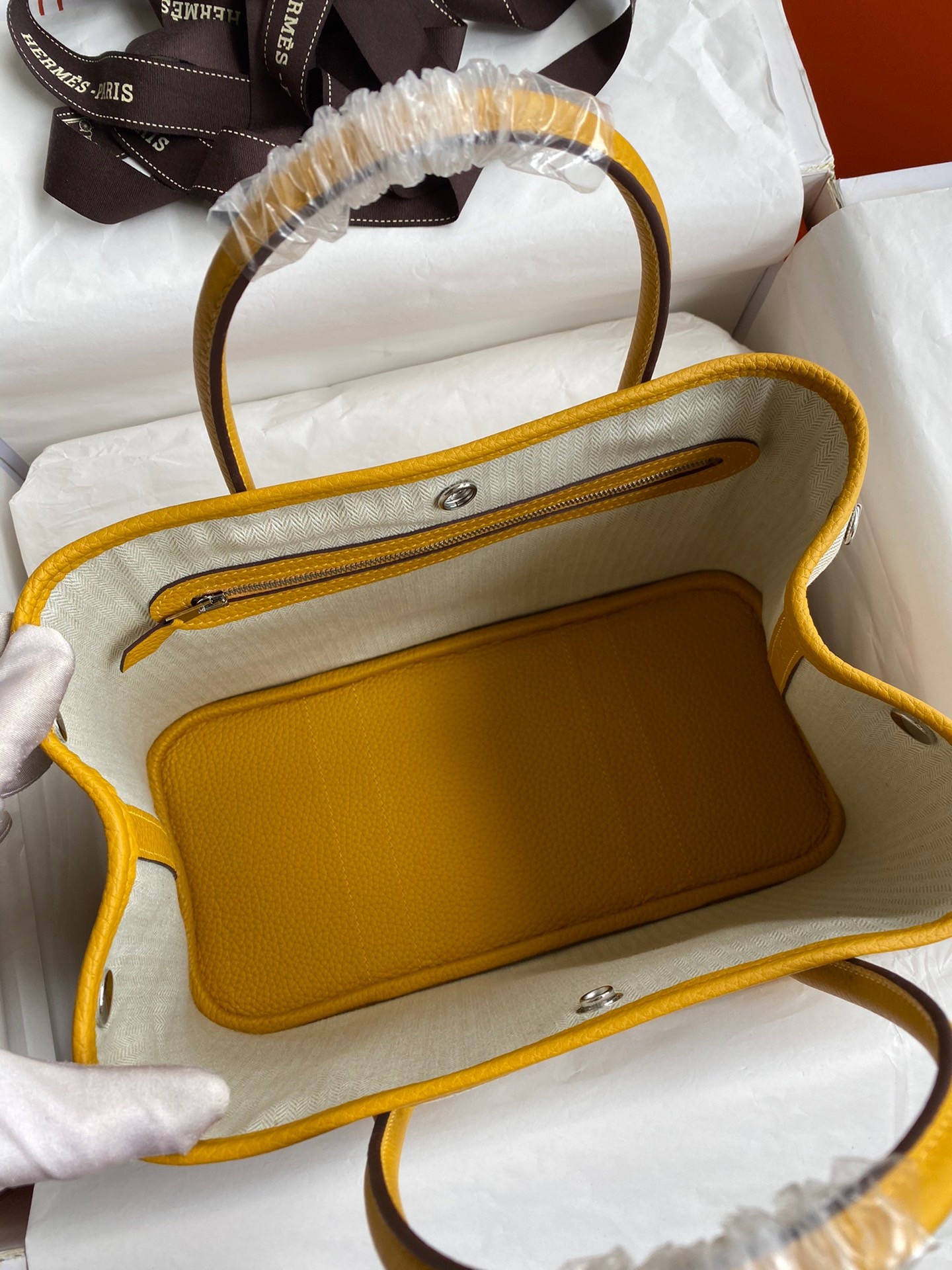 H**mes garden party 30 handmade bag in toile and yellow leather