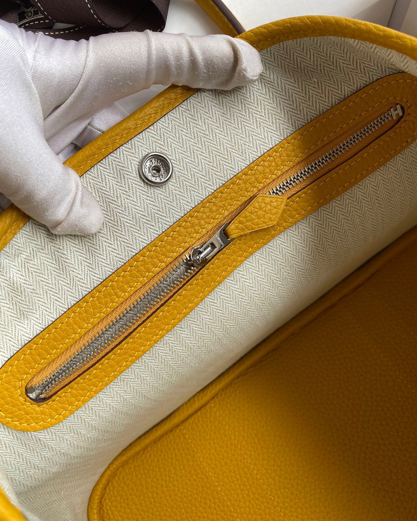 H**mes garden party 30 handmade bag in toile and yellow leather