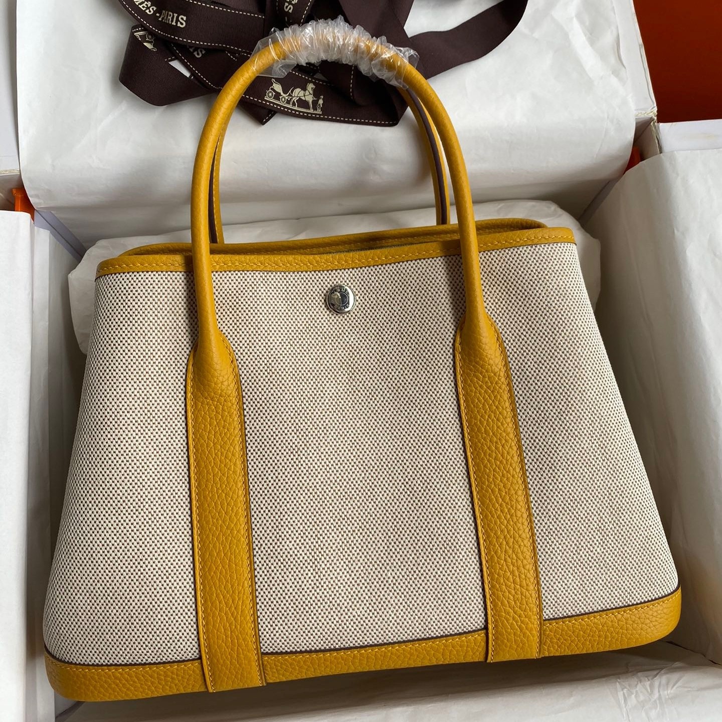 H**mes garden party 30 handmade bag in toile and yellow leather