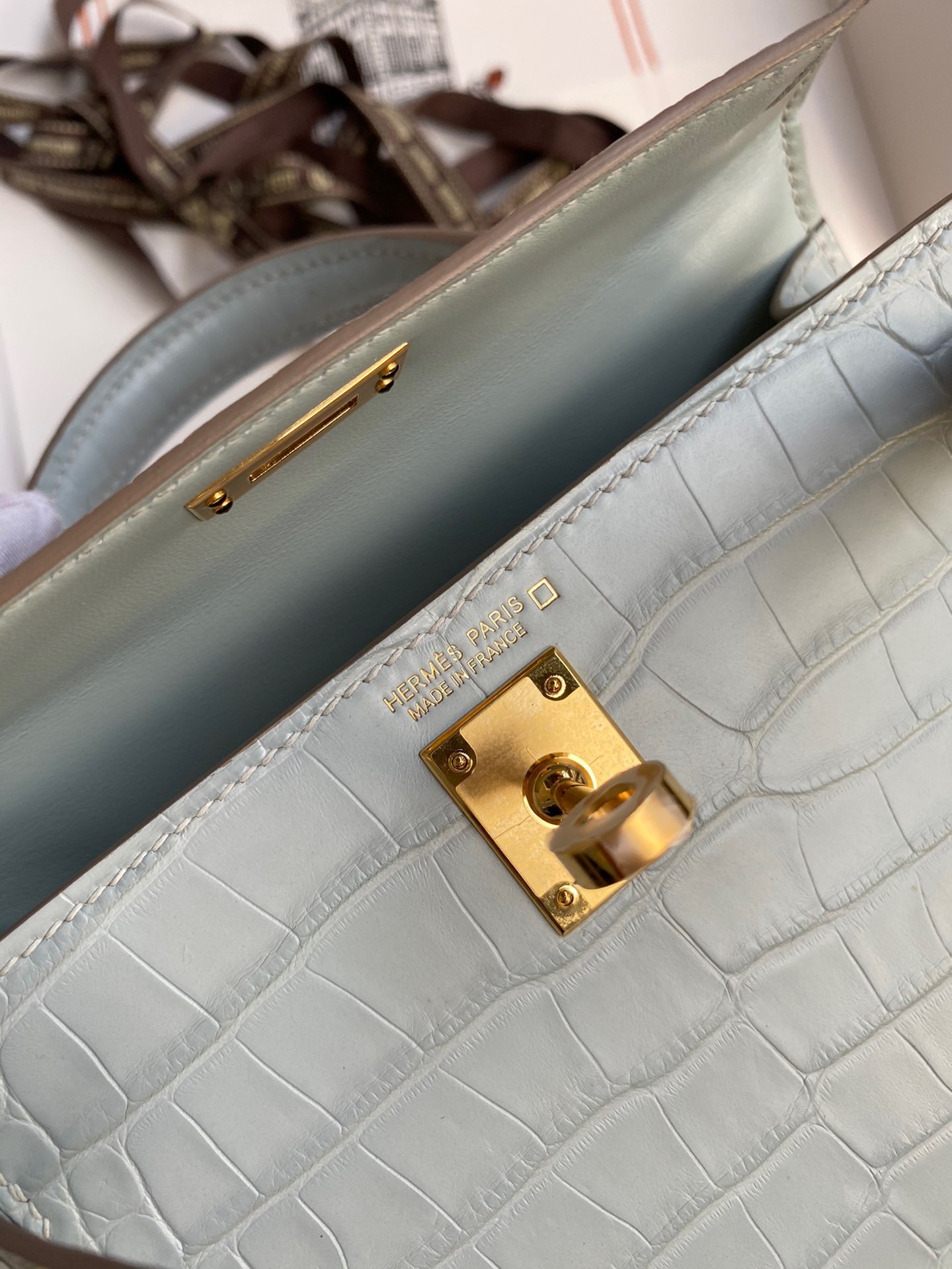 H**mes kelly mini ii sellier handmade bag in blue glacier matte alligator leather
