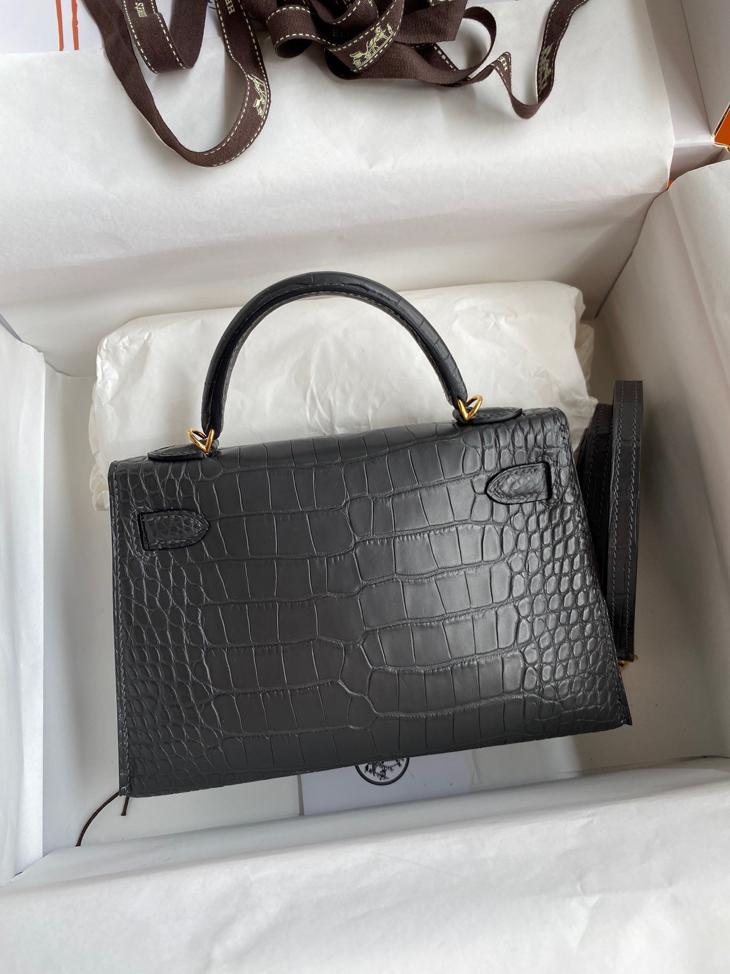 H**mes kelly mini ii sellier handmade bag in graphite matte alligator leather