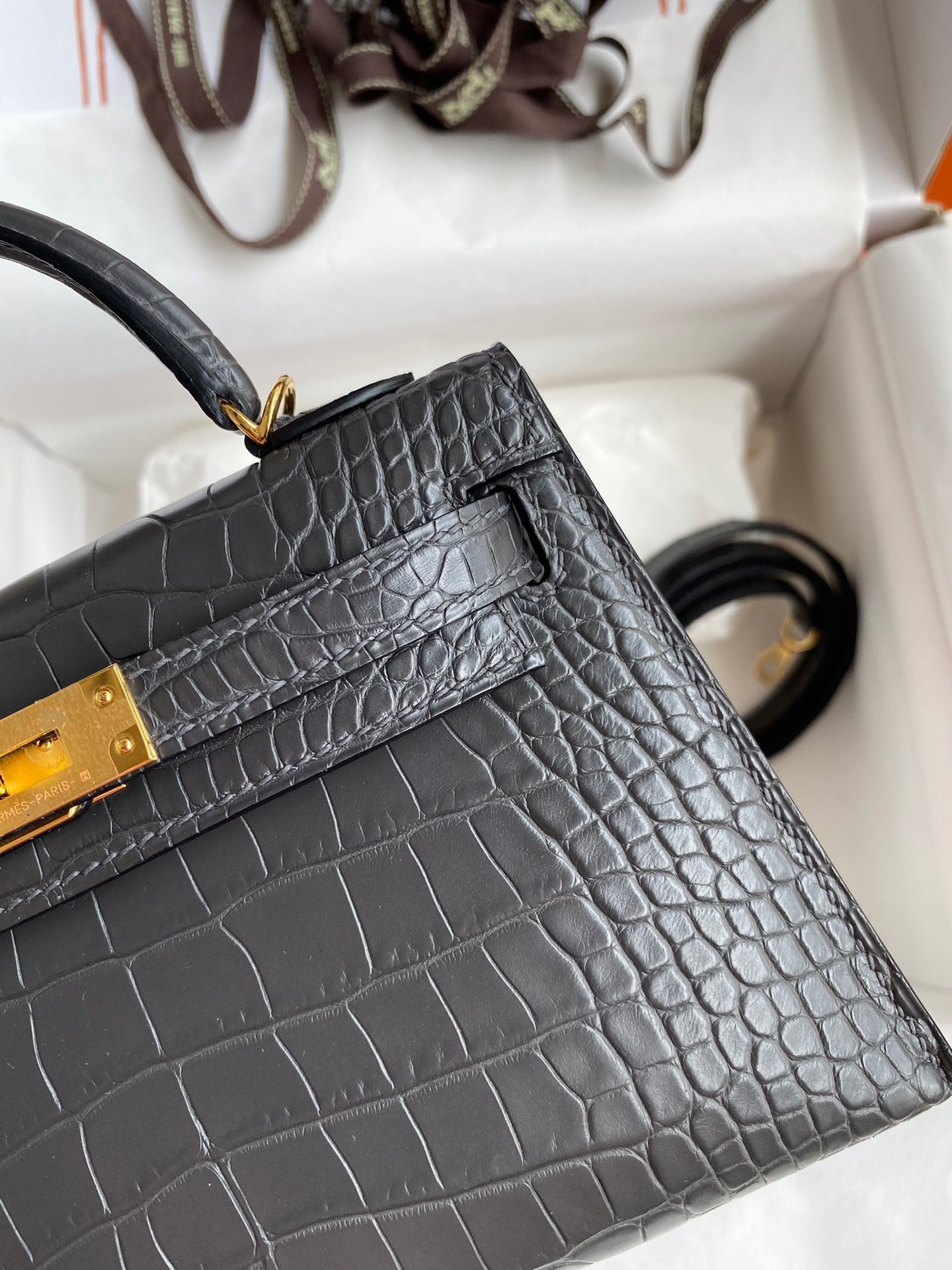 H**mes kelly mini ii sellier handmade bag in graphite matte alligator leather