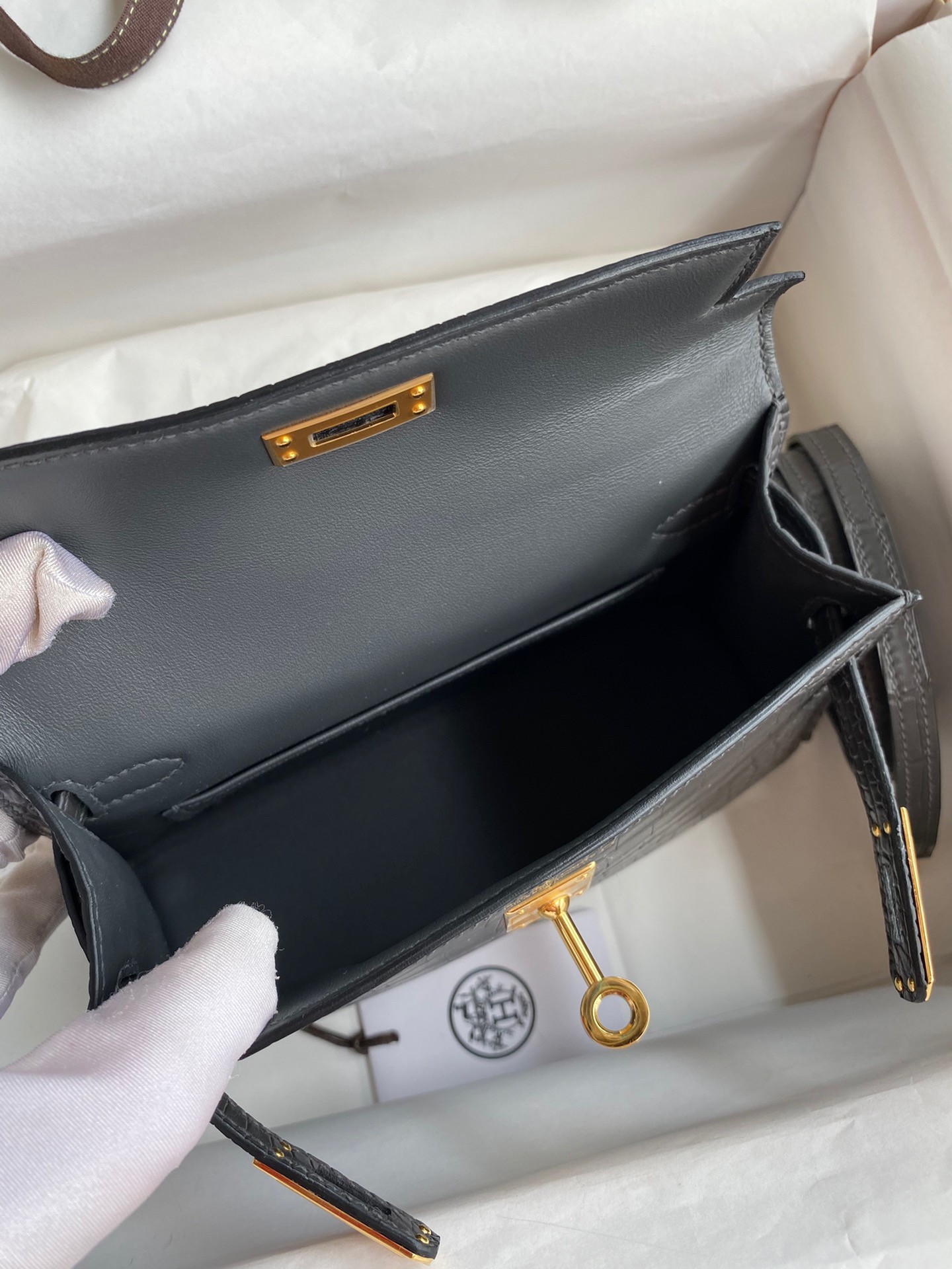 H**mes kelly mini ii sellier handmade bag in graphite matte alligator leather