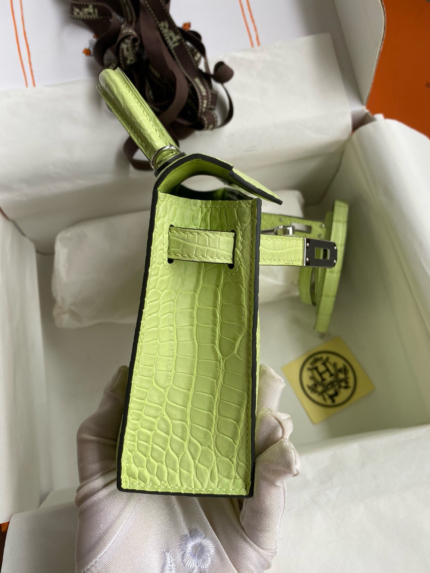 H**mes kelly mini ii sellier handmade bag in jaune bourgeon matte alligator leather