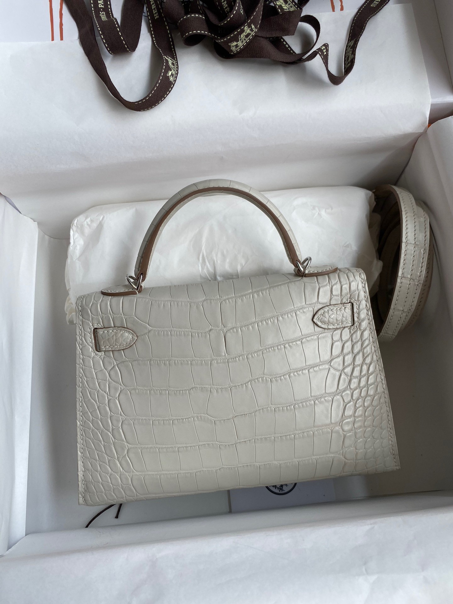H**mes kelly mini ii sellier handmade bag in grey matte alligator leather