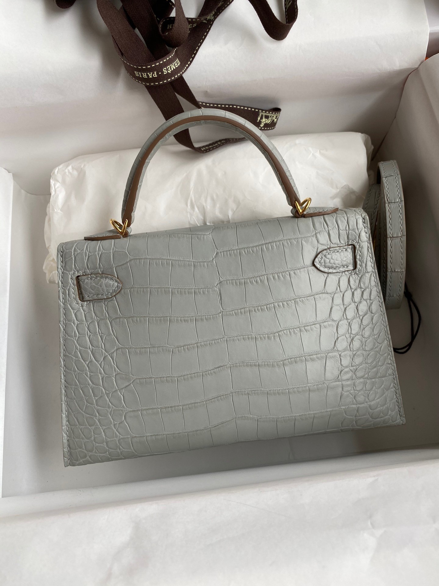 H**mes kelly mini ii sellier handmade bag in pearl grey matte alligator leather