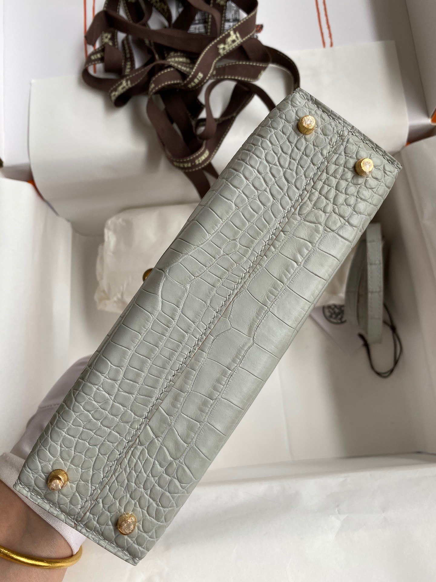 H**mes kelly mini ii sellier handmade bag in pearl grey matte alligator leather