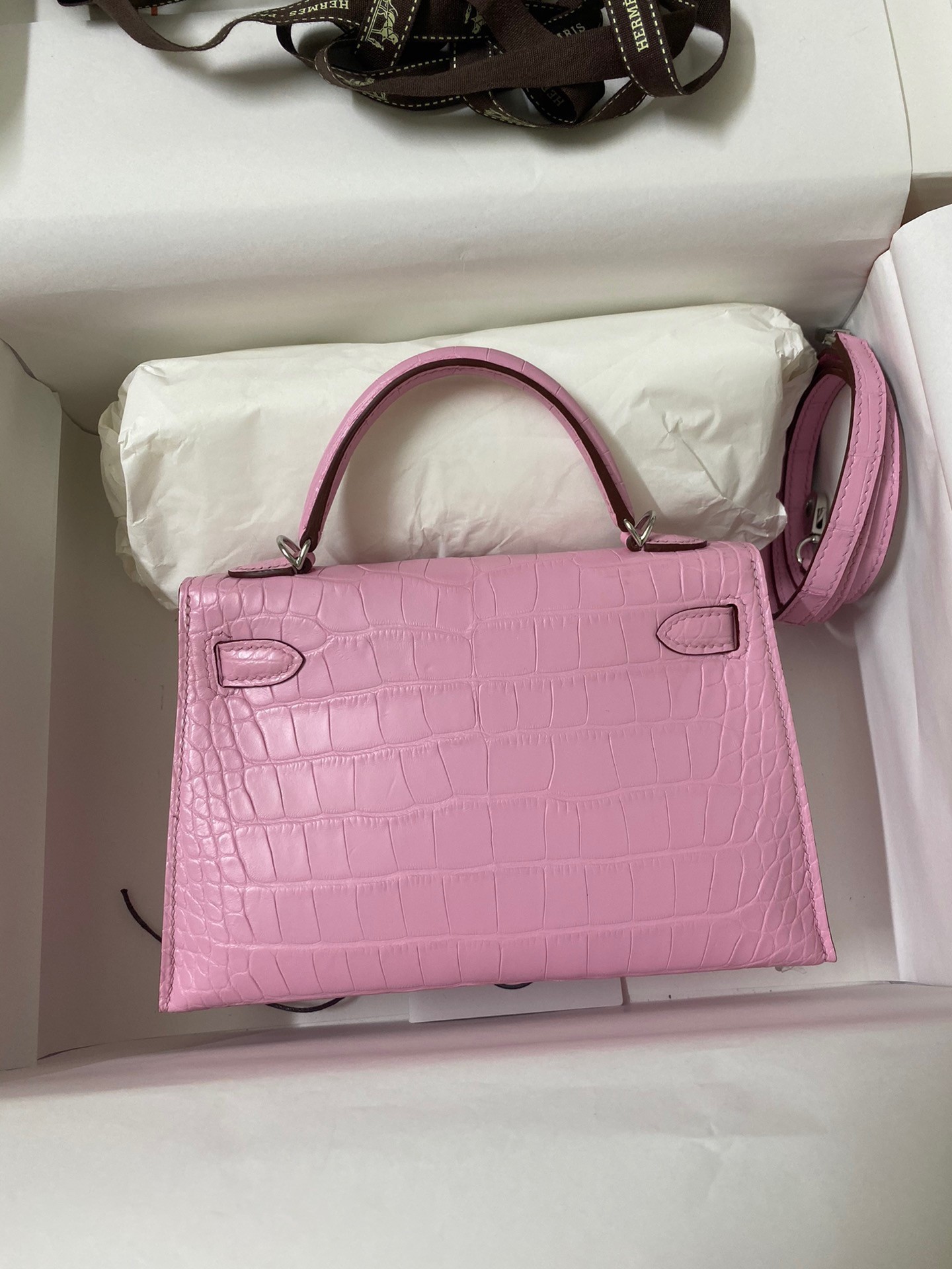 H**mes kelly mini ii sellier handmade bag in mauve sylvestre matte alligator leather
