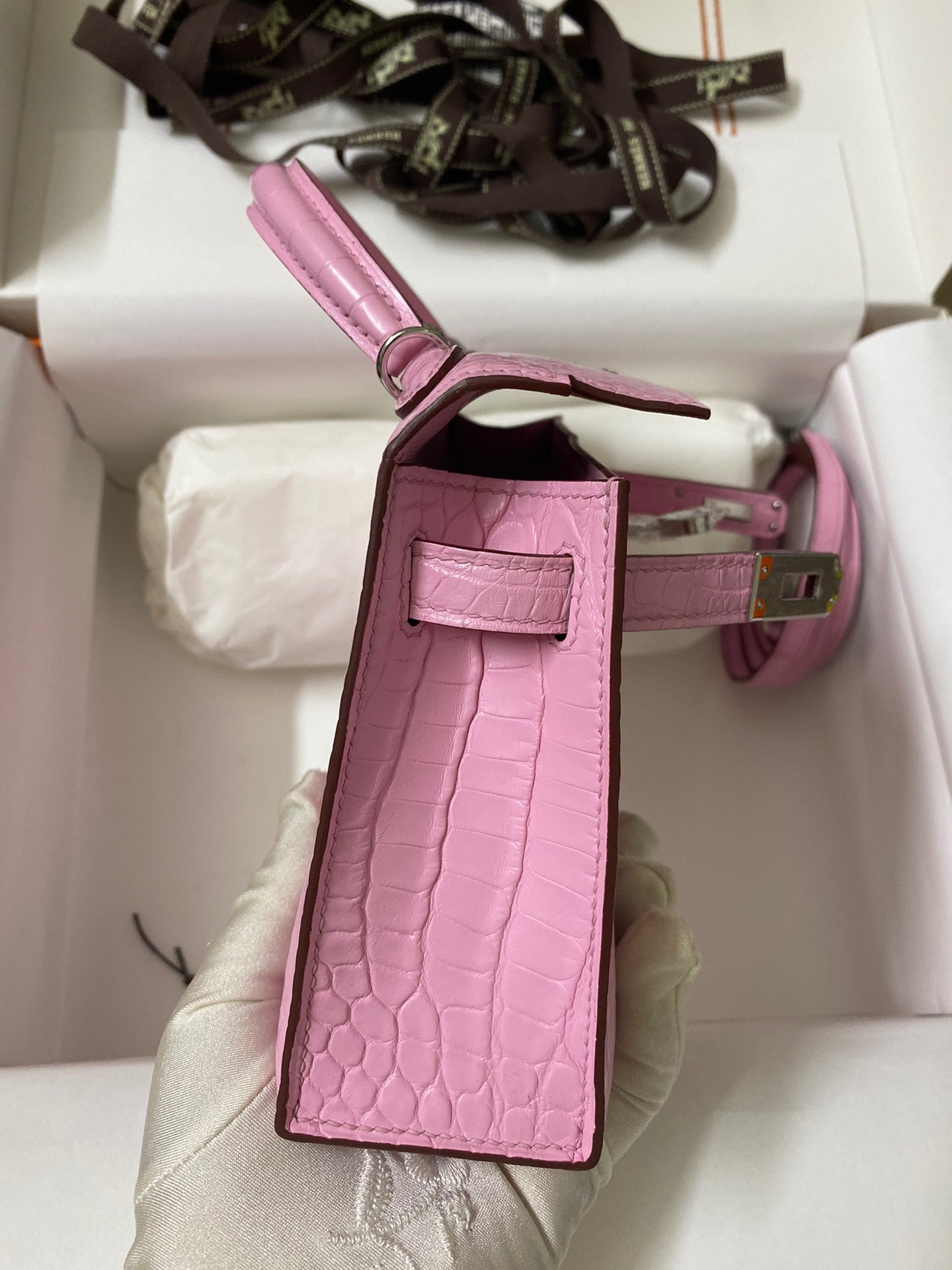 H**mes kelly mini ii sellier handmade bag in mauve sylvestre matte alligator leather