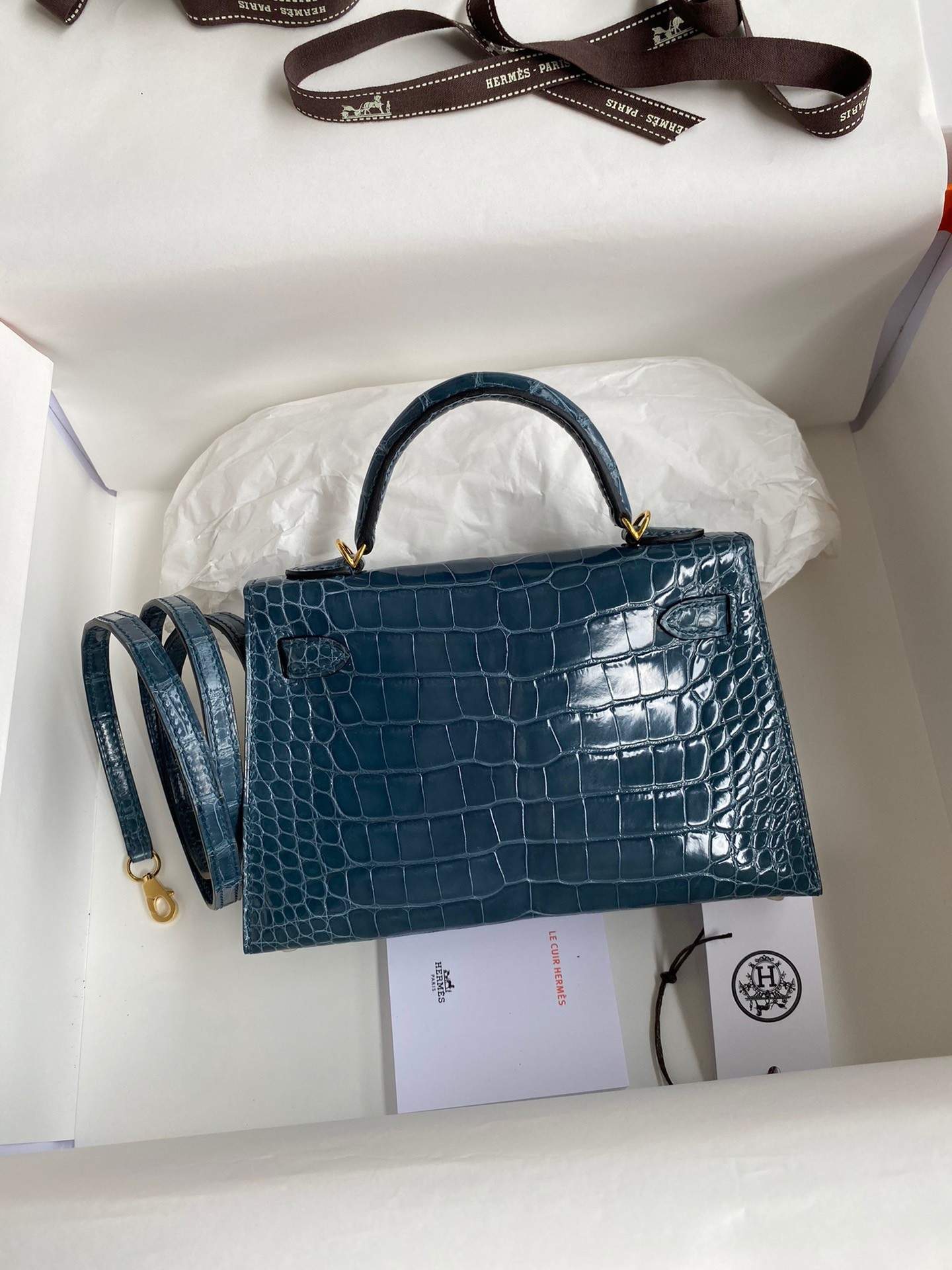 H**mes kelly mini ii sellier handmade bag in blue jean shiny alligator leather