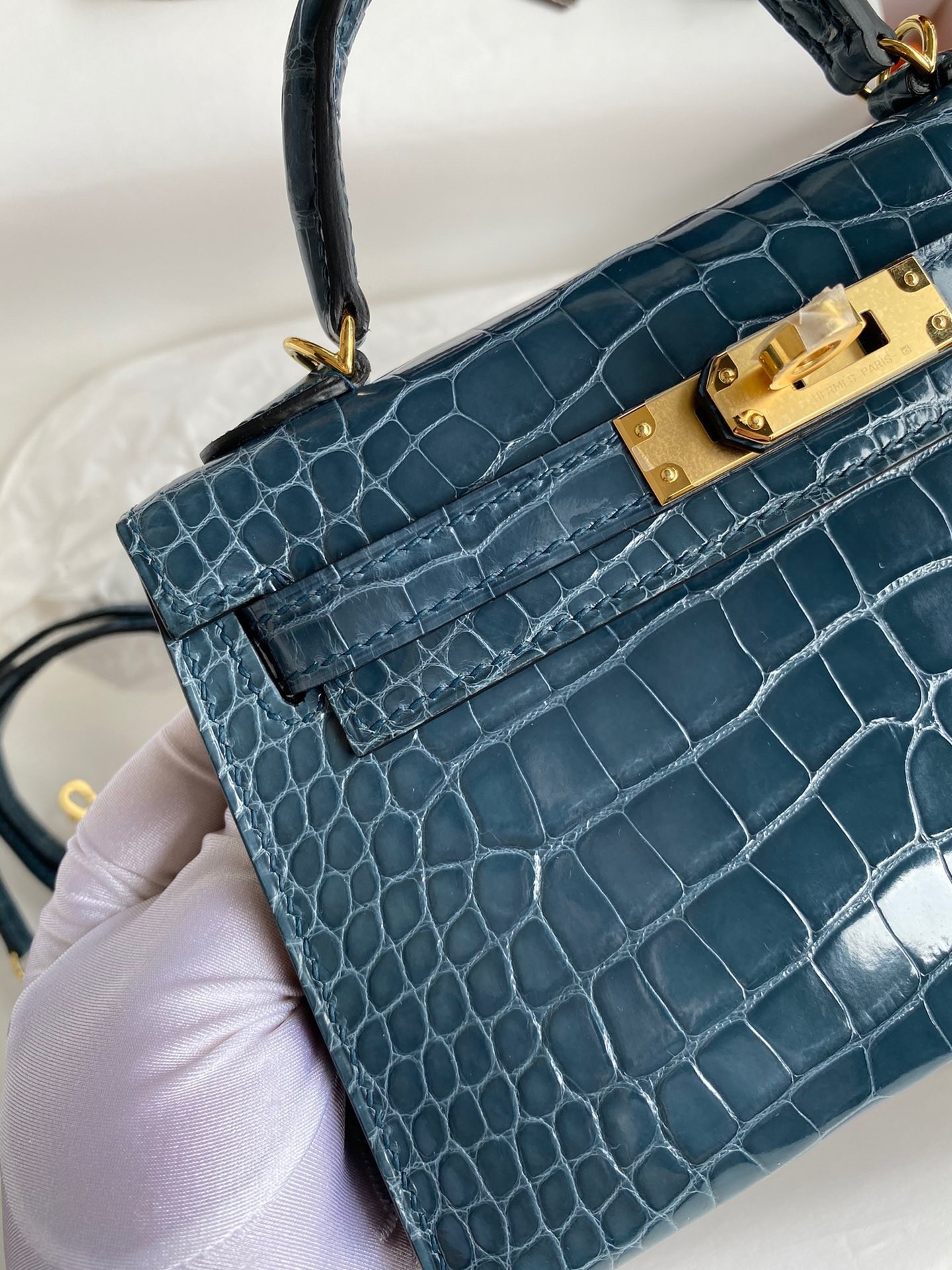H**mes kelly mini ii sellier handmade bag in blue jean shiny alligator leather