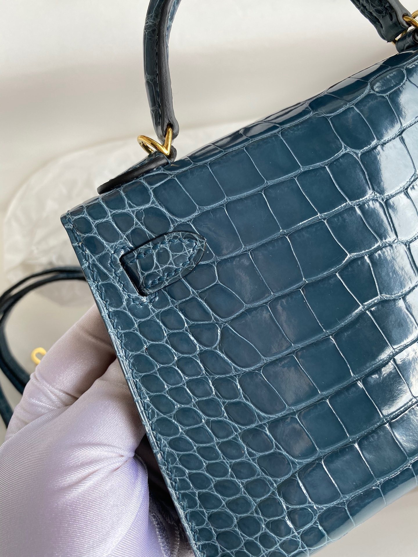 H**mes kelly mini ii sellier handmade bag in blue jean shiny alligator leather