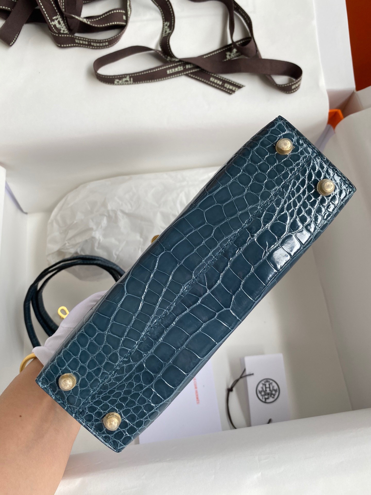 H**mes kelly mini ii sellier handmade bag in blue jean shiny alligator leather