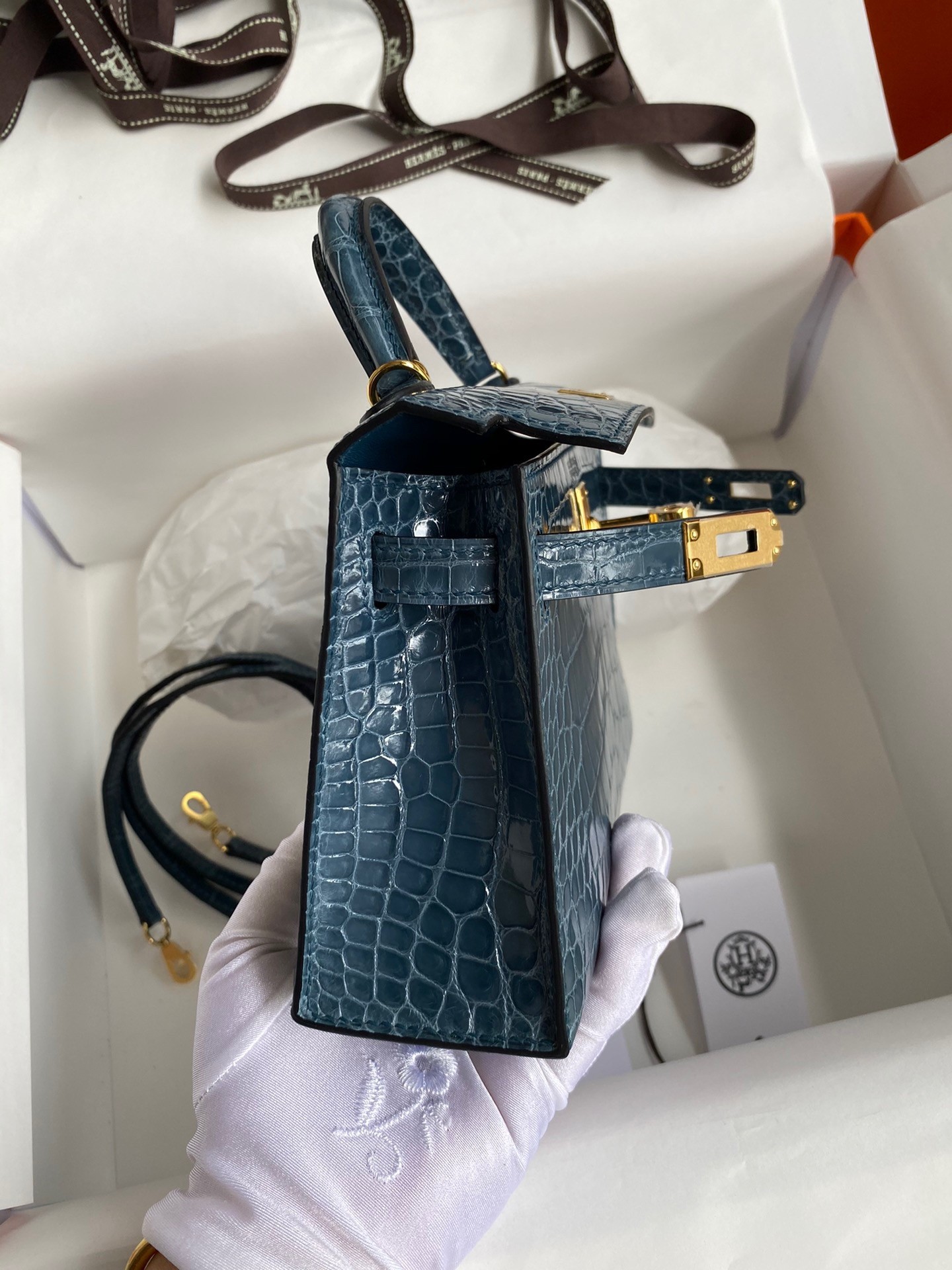 H**mes kelly mini ii sellier handmade bag in blue jean shiny alligator leather