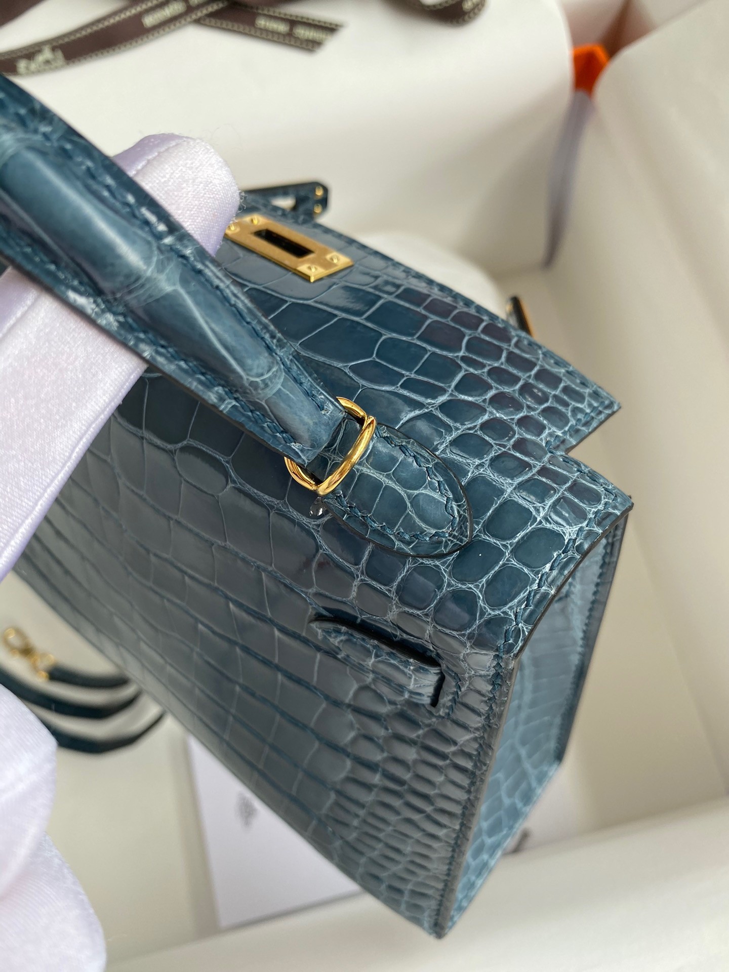 H**mes kelly mini ii sellier handmade bag in blue jean shiny alligator leather