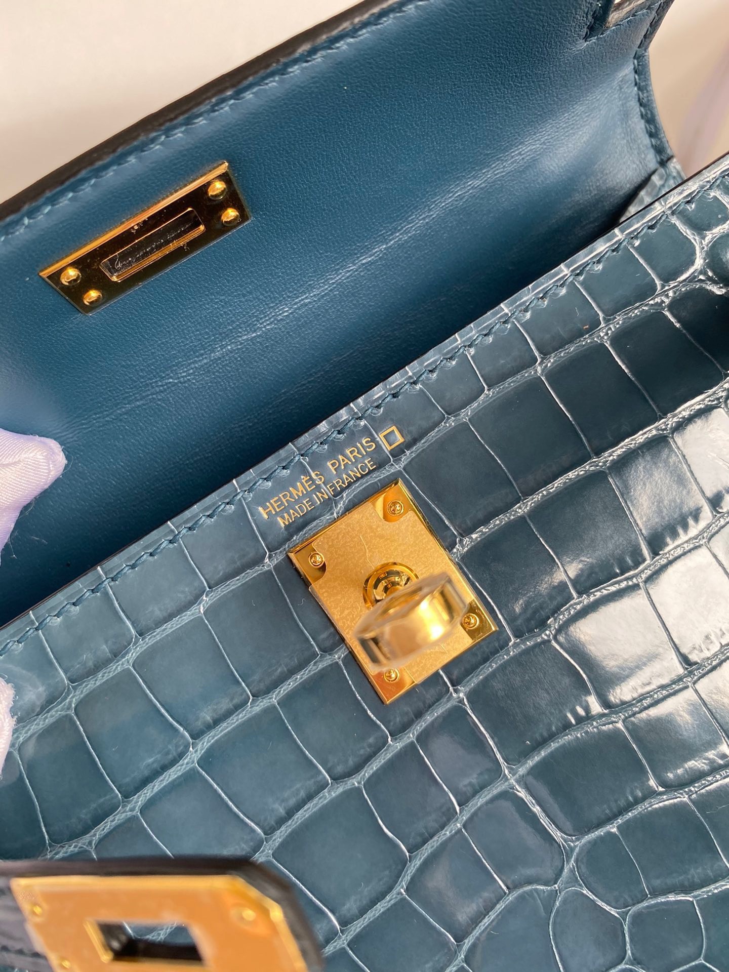 H**mes kelly mini ii sellier handmade bag in blue jean shiny alligator leather