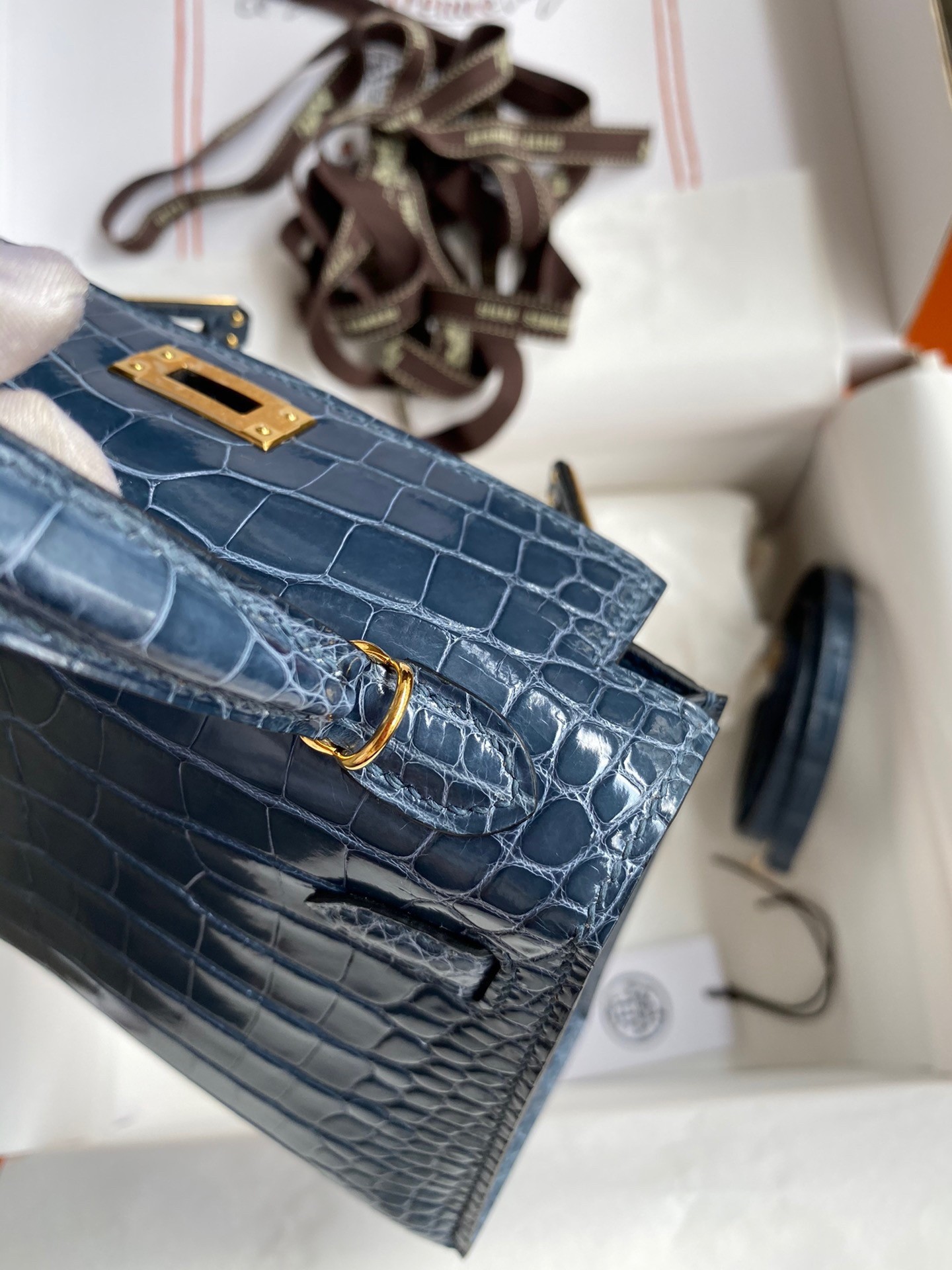 H**mes kelly mini ii sellier handmade bag in colvert shiny alligator leather