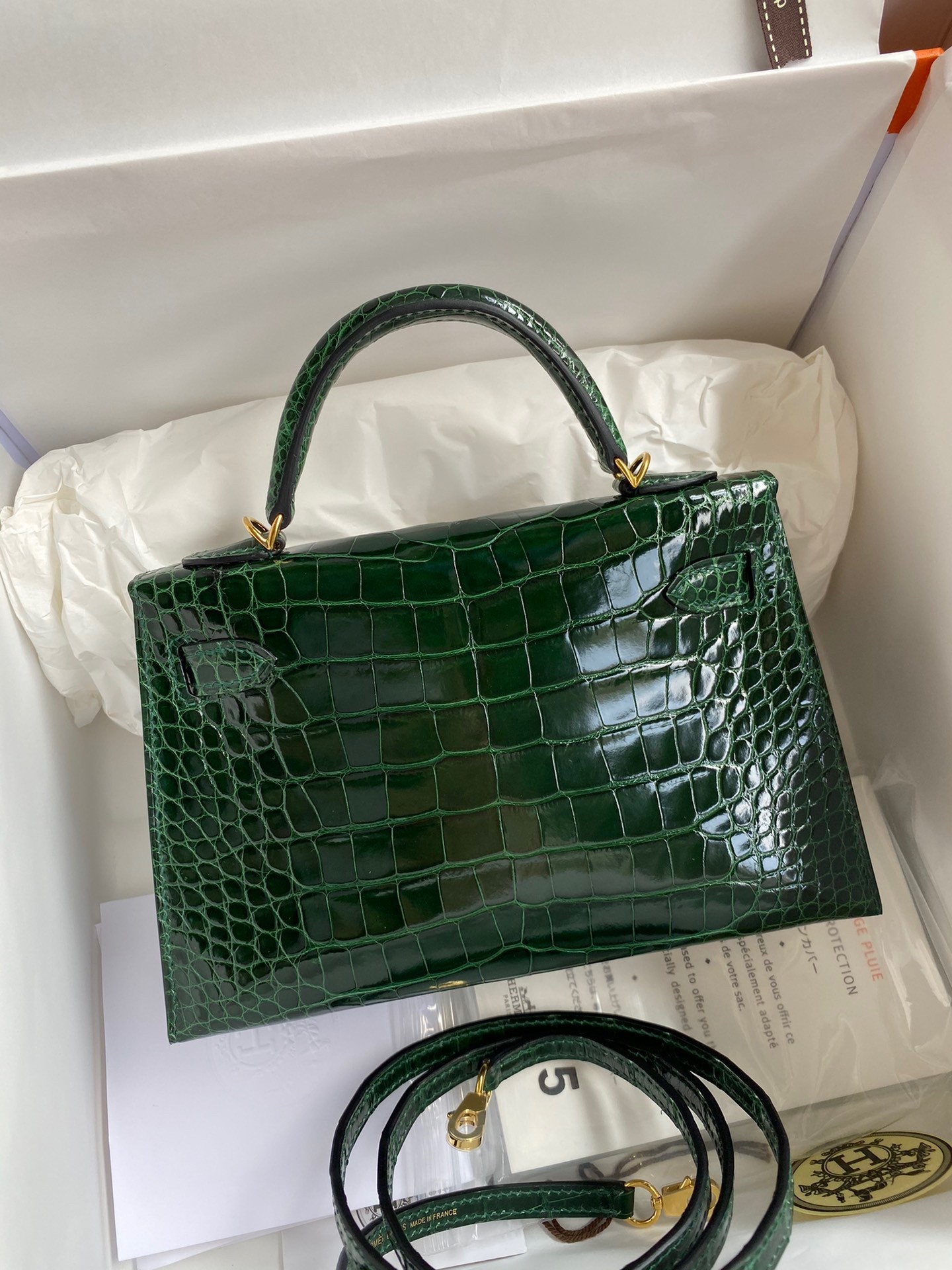 H**mes kelly mini ii sellier handmade bag in malachite shiny alligator leather