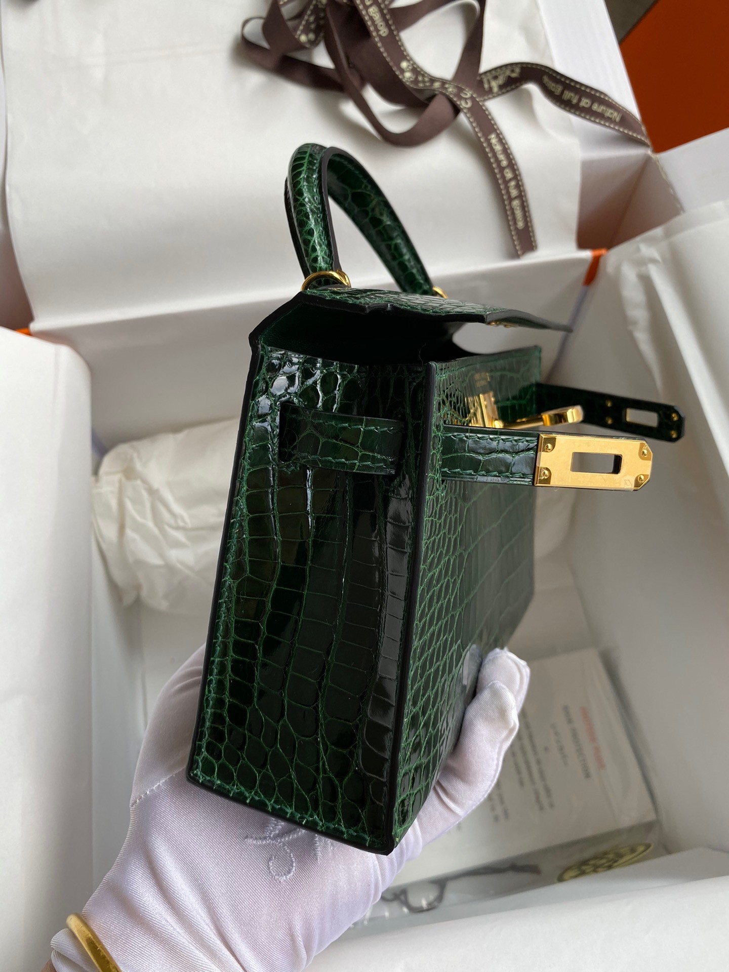 H**mes kelly mini ii sellier handmade bag in malachite shiny alligator leather