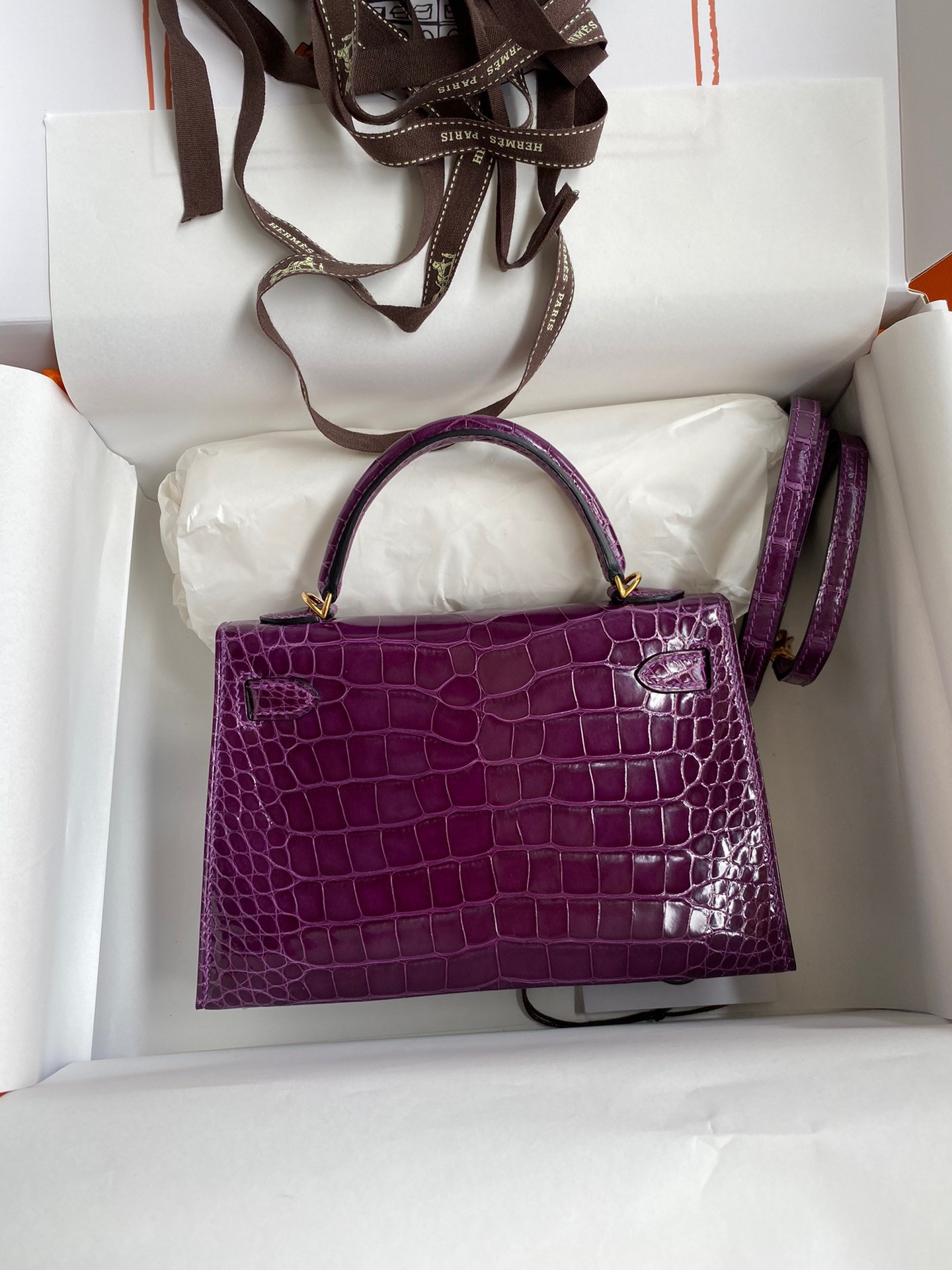H**mes kelly mini ii sellier handmade bag in purple shiny alligator leather