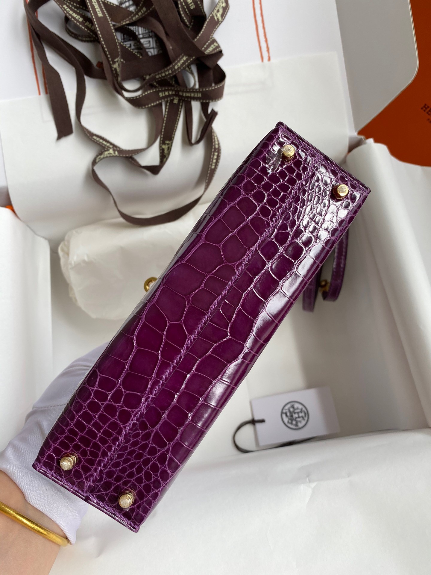 H**mes kelly mini ii sellier handmade bag in purple shiny alligator leather