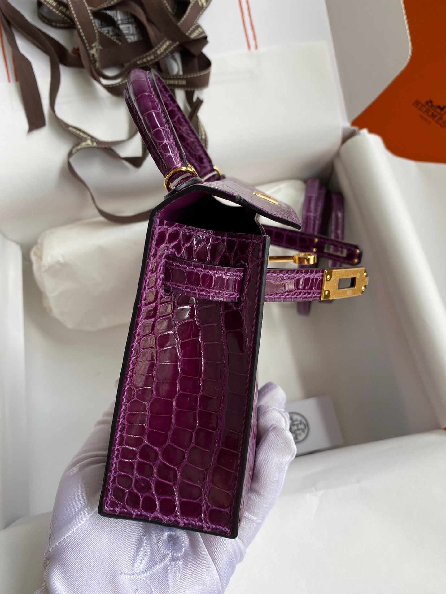 H**mes kelly mini ii sellier handmade bag in purple shiny alligator leather