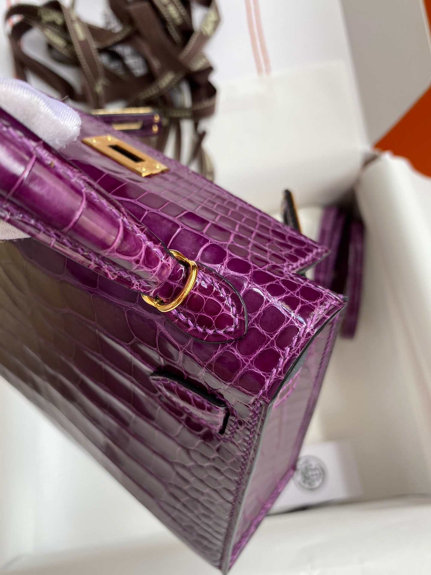 H**mes kelly mini ii sellier handmade bag in purple shiny alligator leather