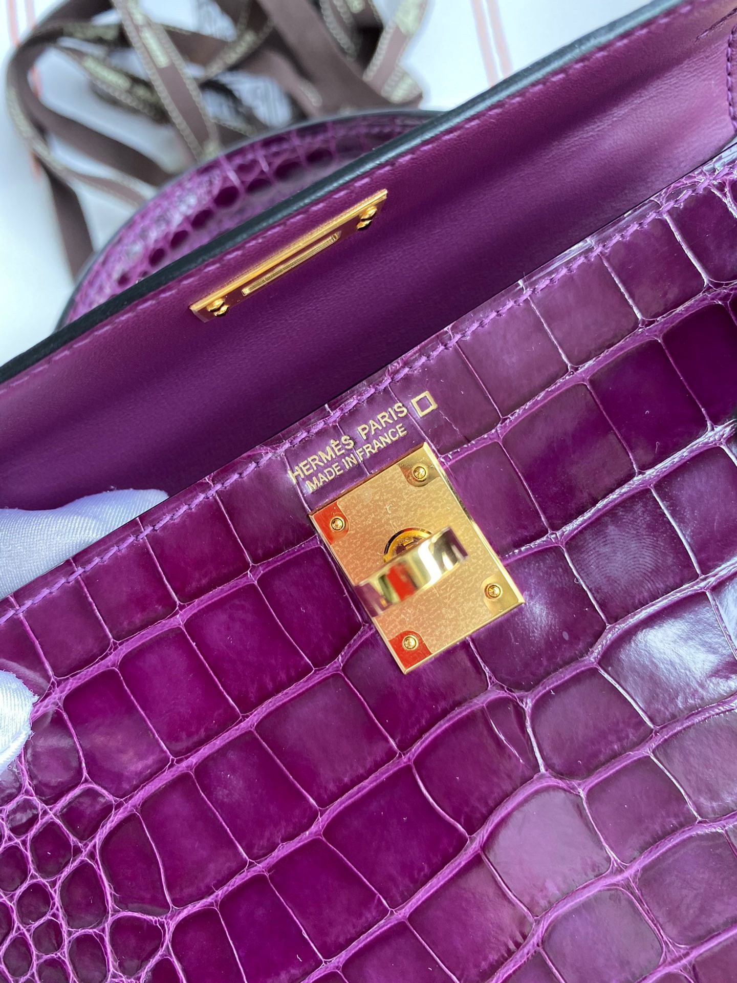 H**mes kelly mini ii sellier handmade bag in purple shiny alligator leather