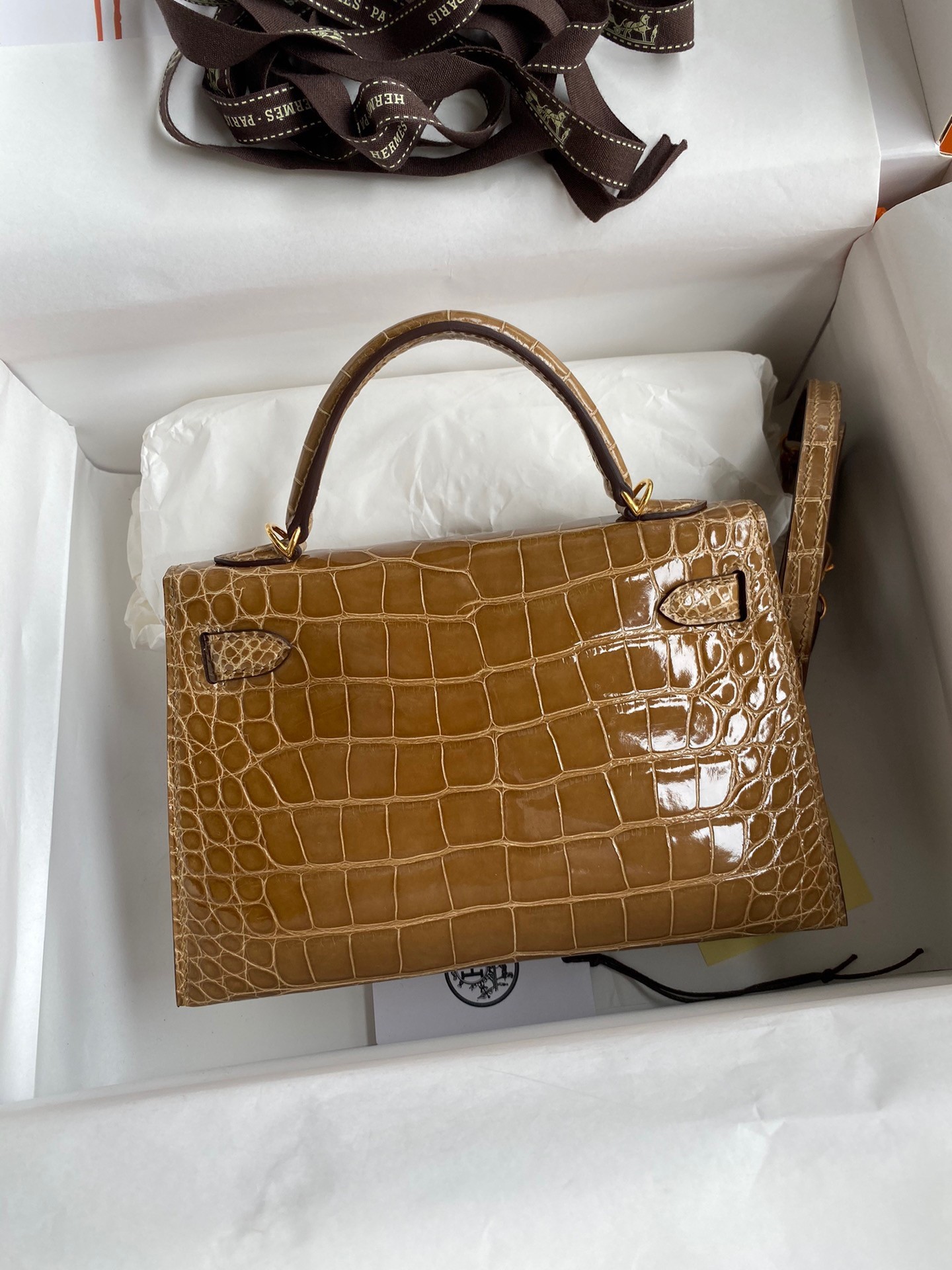 H**mes kelly mini ii sellier handmade bag in ficelle shiny alligator leather