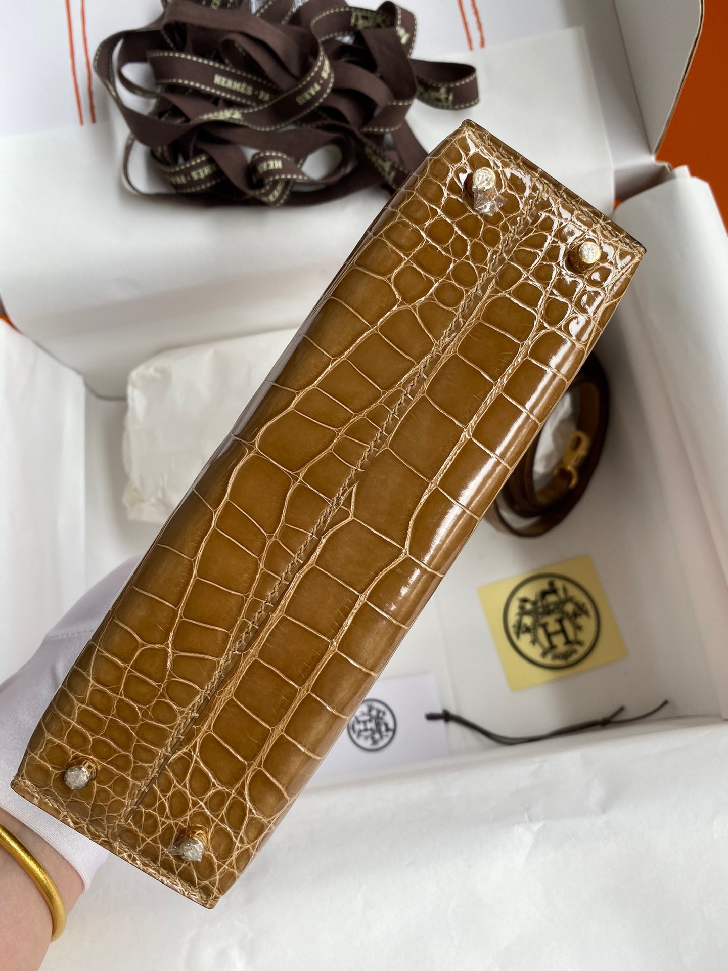 H**mes kelly mini ii sellier handmade bag in ficelle shiny alligator leather