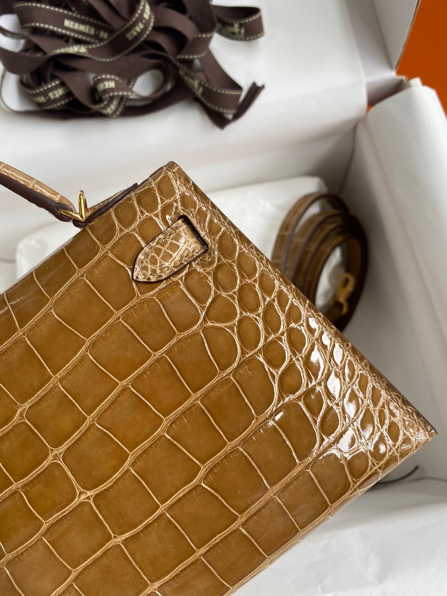 H**mes kelly mini ii sellier handmade bag in ficelle shiny alligator leather