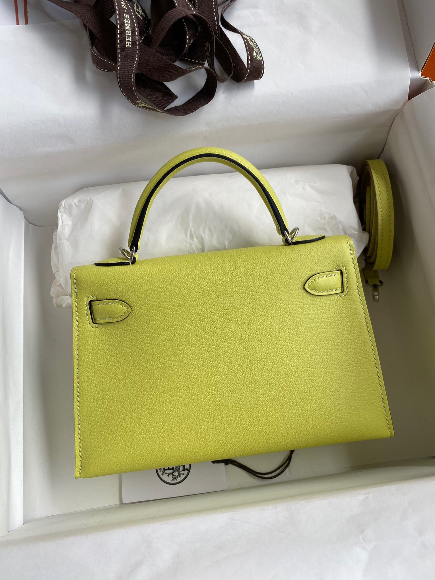 H**mes kelly mini ii sellier handmade bag in jaune bourgeon chevre mysore leather