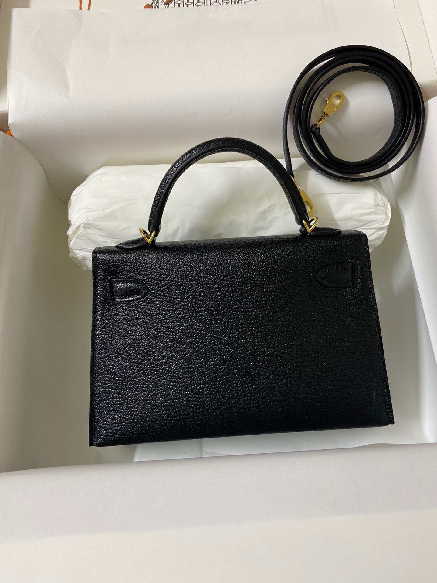 H**mes kelly mini ii sellier handmade bag in black chevre mysore leather