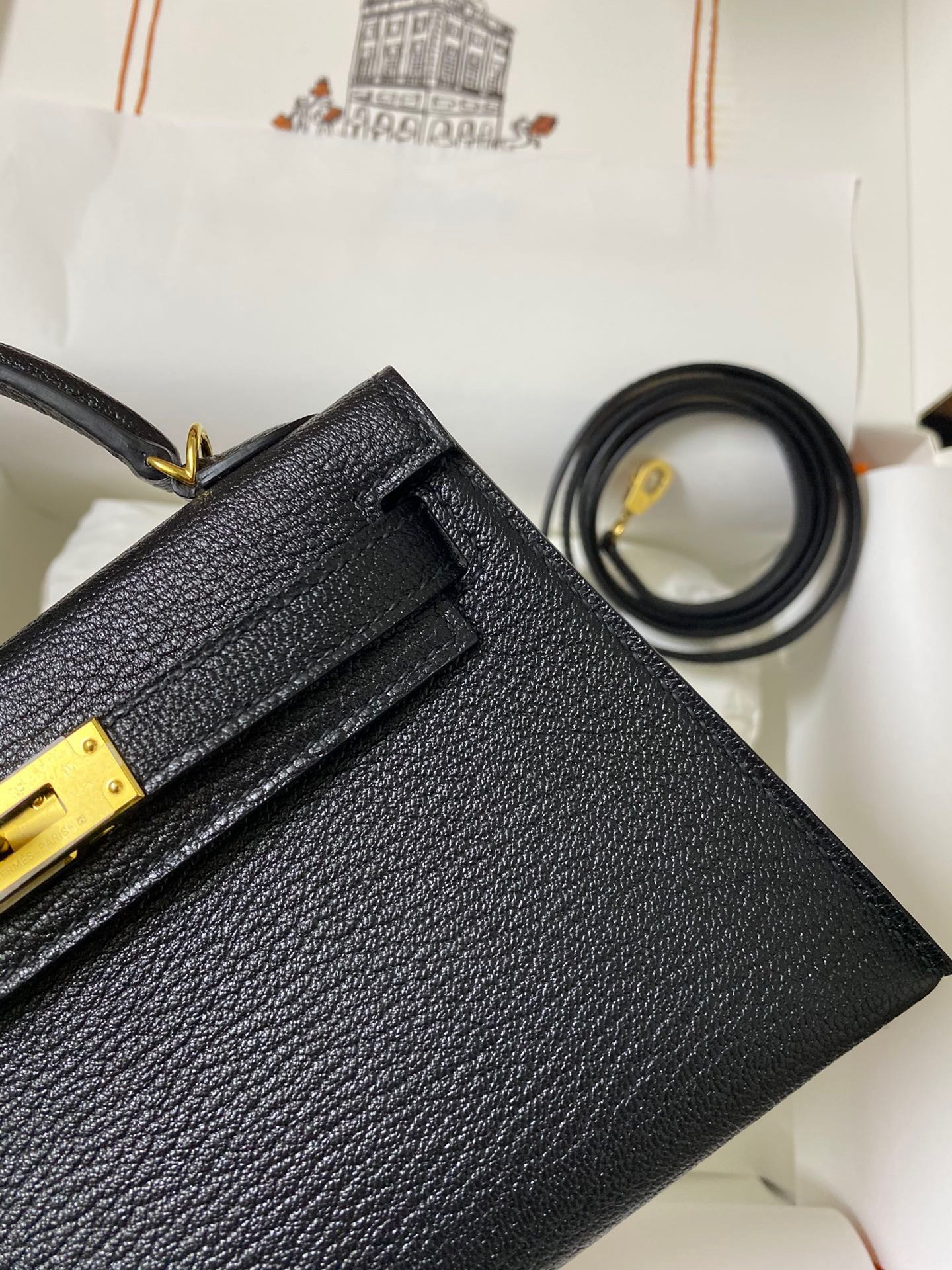 H**mes kelly mini ii sellier handmade bag in black chevre mysore leather