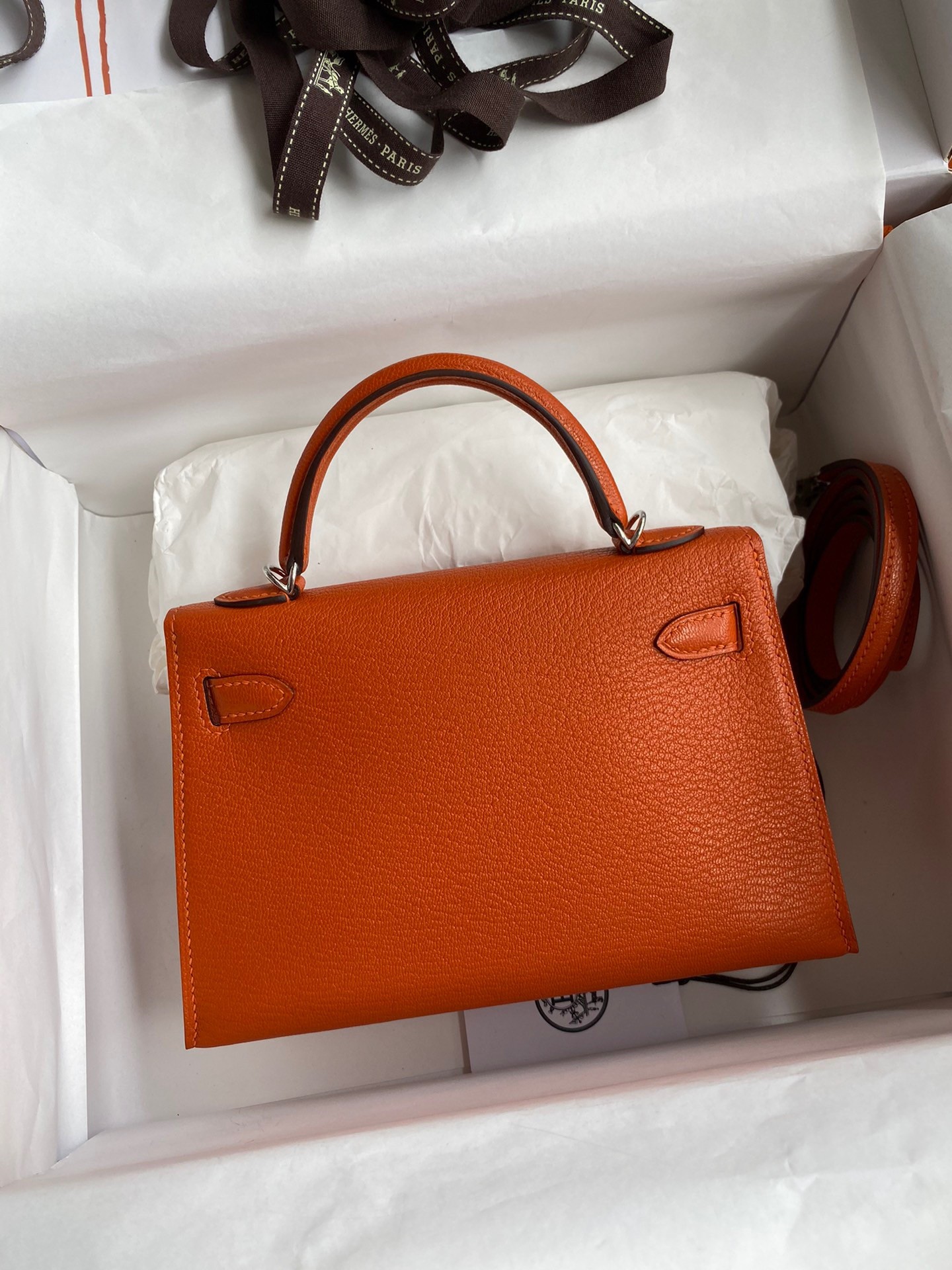 H**mes kelly mini ii sellier handmade bag in orange chevre mysore leather