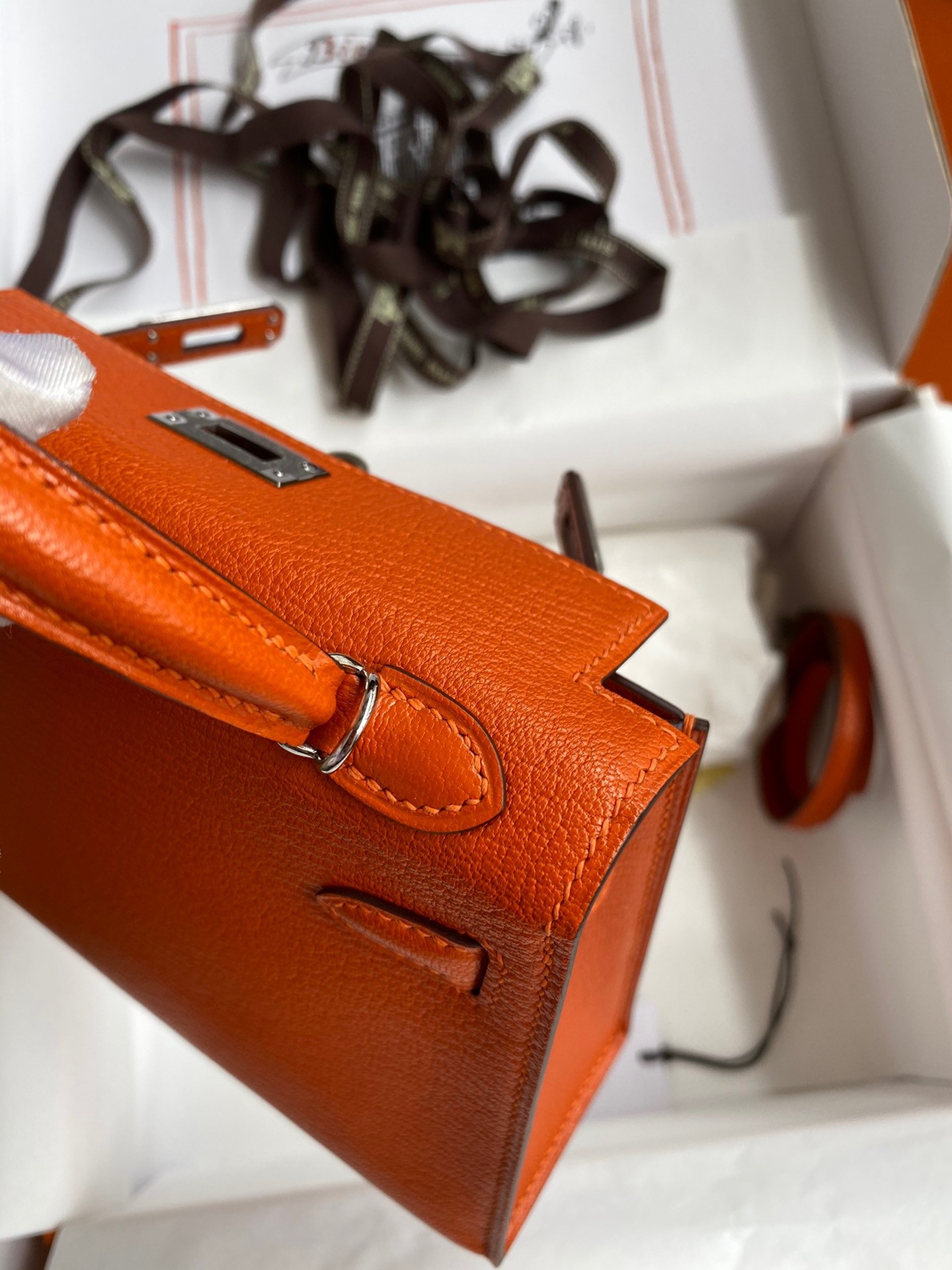 H**mes kelly mini ii sellier handmade bag in orange chevre mysore leather
