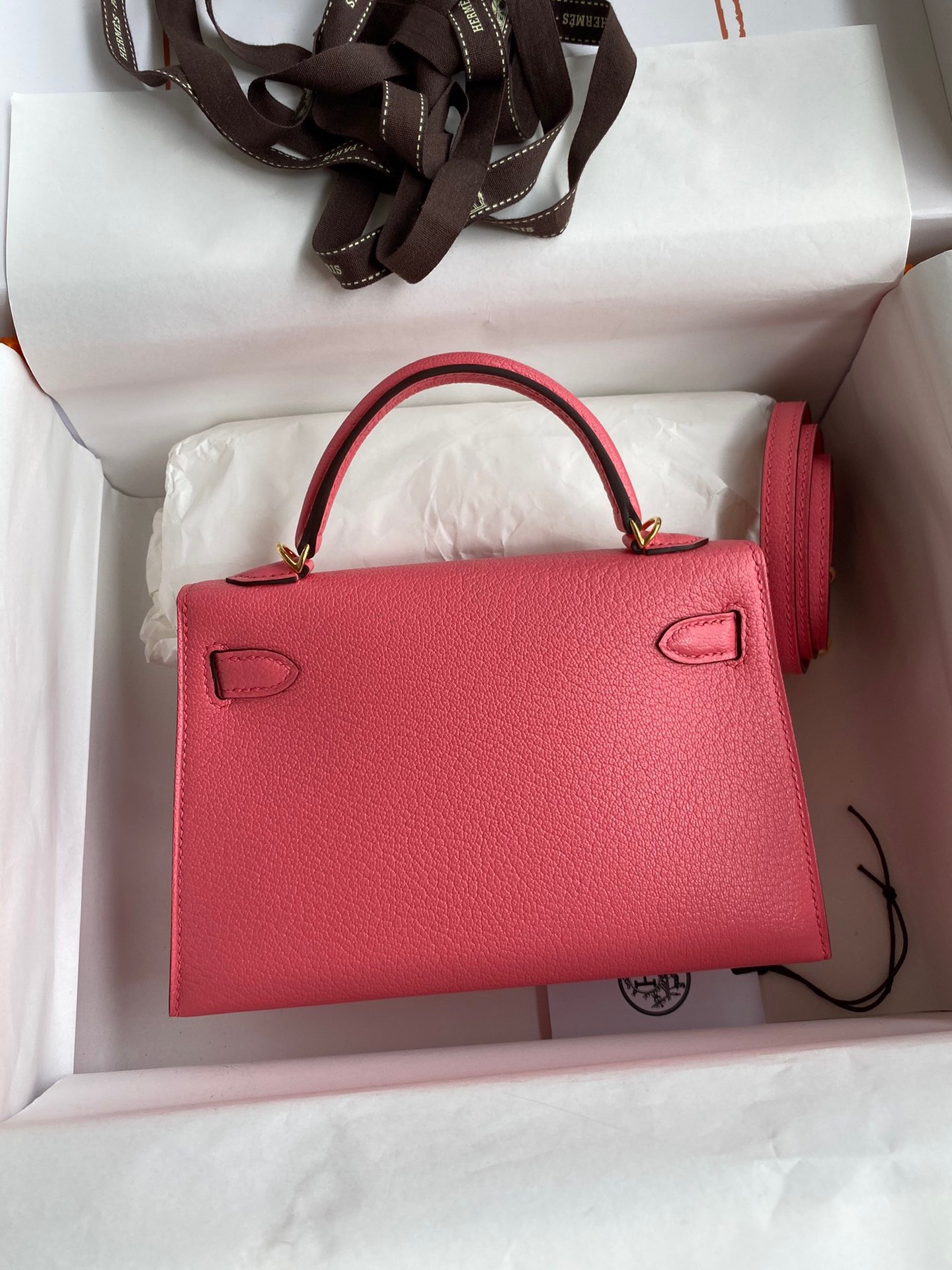 H**mes kelly mini ii sellier handmade bag in rose lipstick chevre mysore leather
