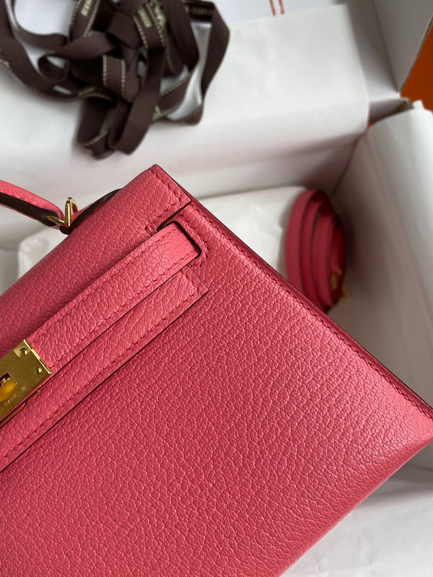 H**mes kelly mini ii sellier handmade bag in rose lipstick chevre mysore leather