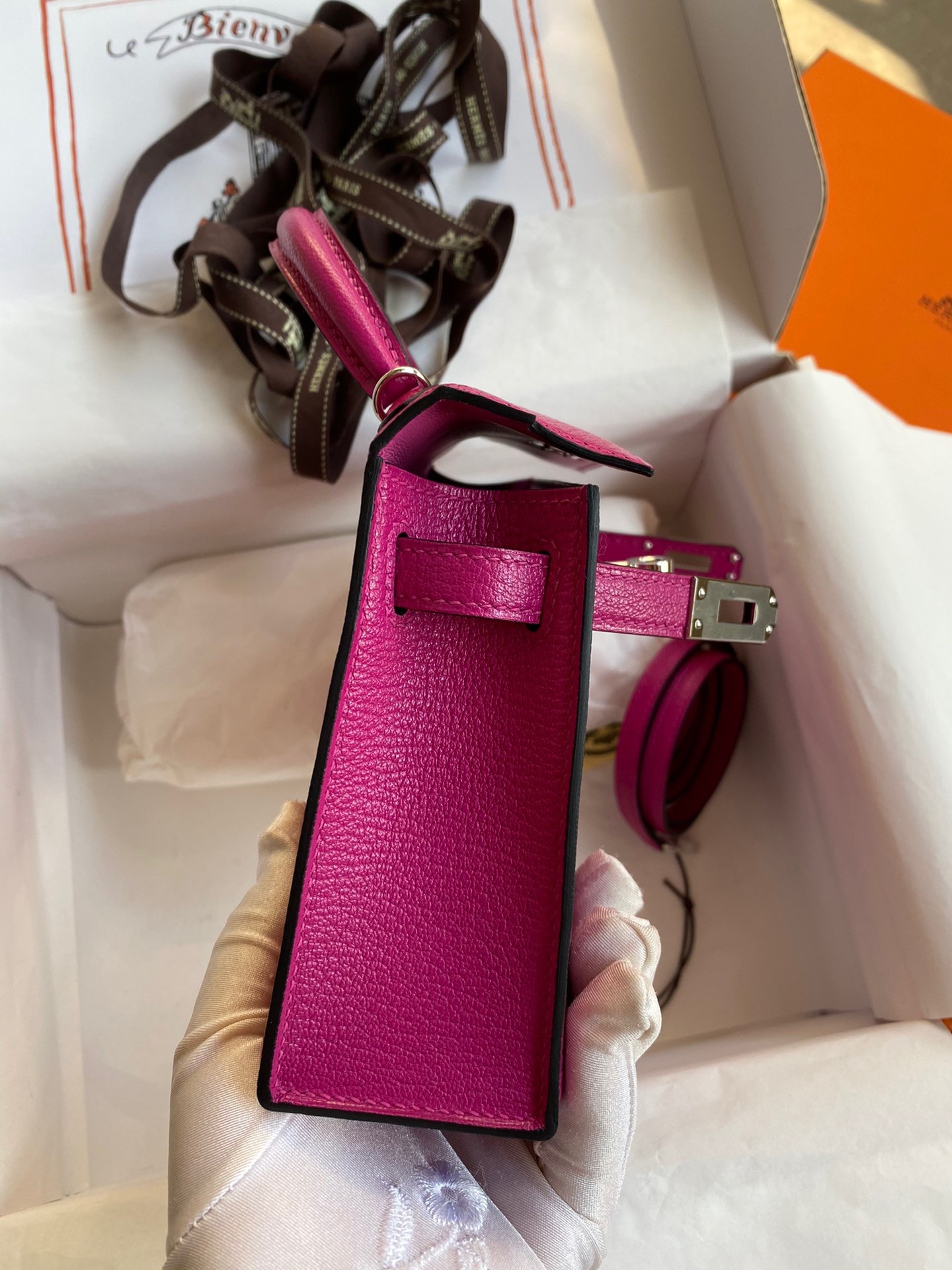 H**mes kelly mini ii sellier handmade bag in rose purple chevre mysore leather