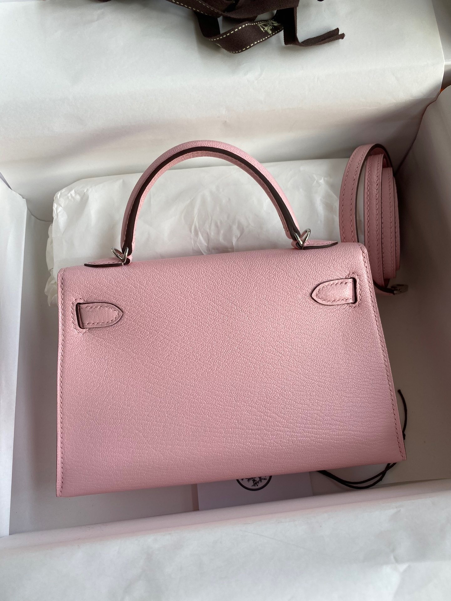 H**mes kelly mini ii sellier handmade bag in rose sakura chevre mysore leather