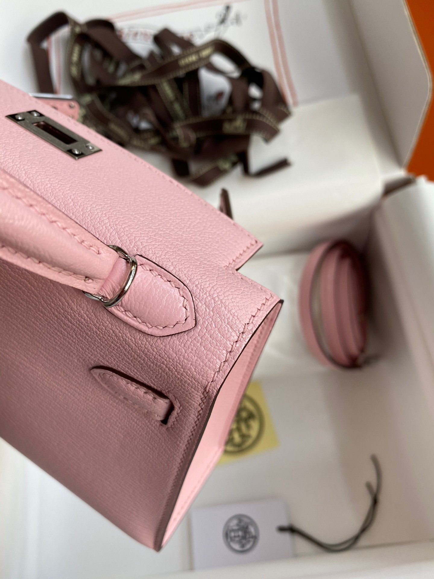 H**mes kelly mini ii sellier handmade bag in rose sakura chevre mysore leather