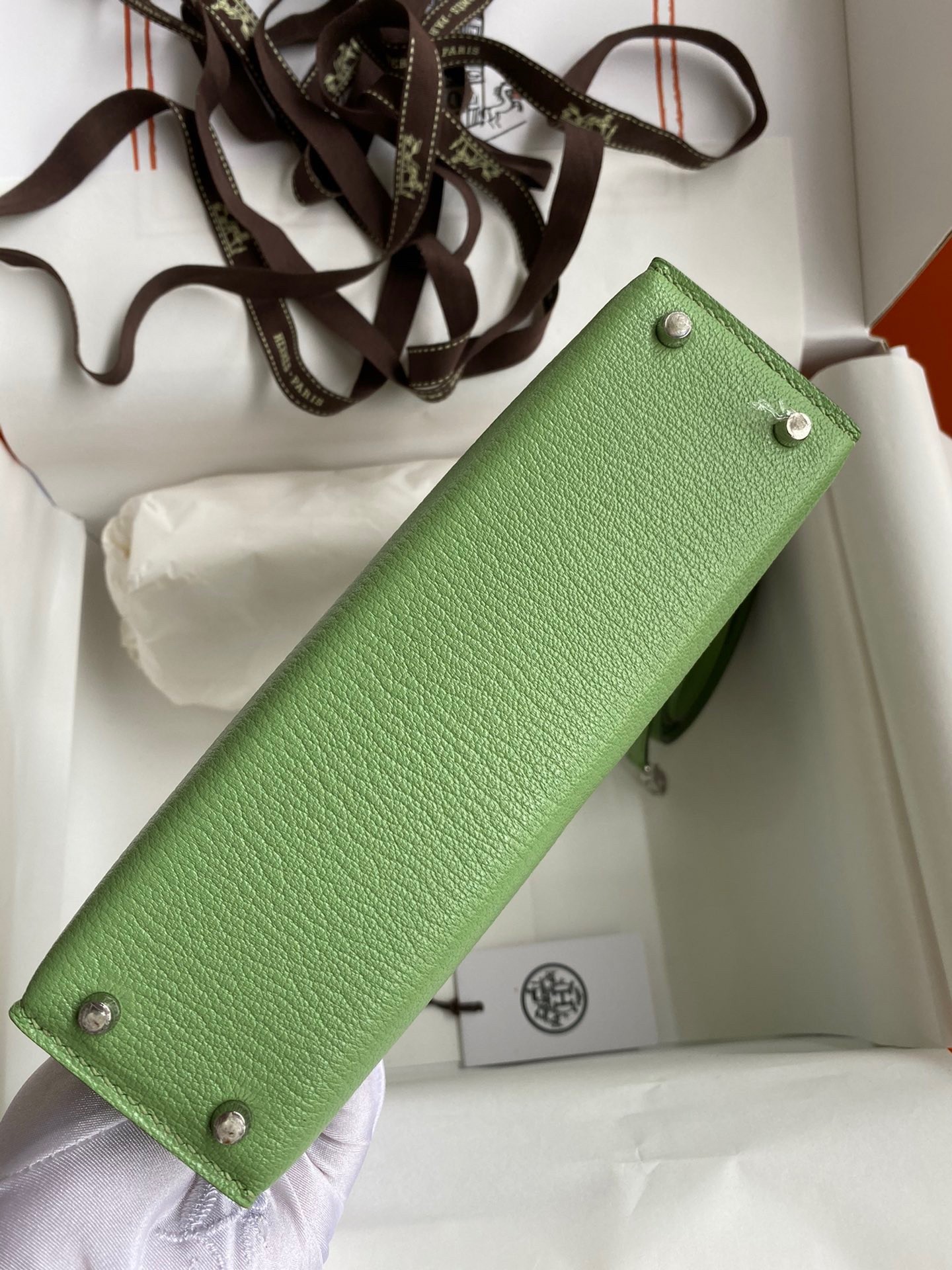 H**mes kelly mini ii sellier handmade bag in vert criquet chevre mysore leather