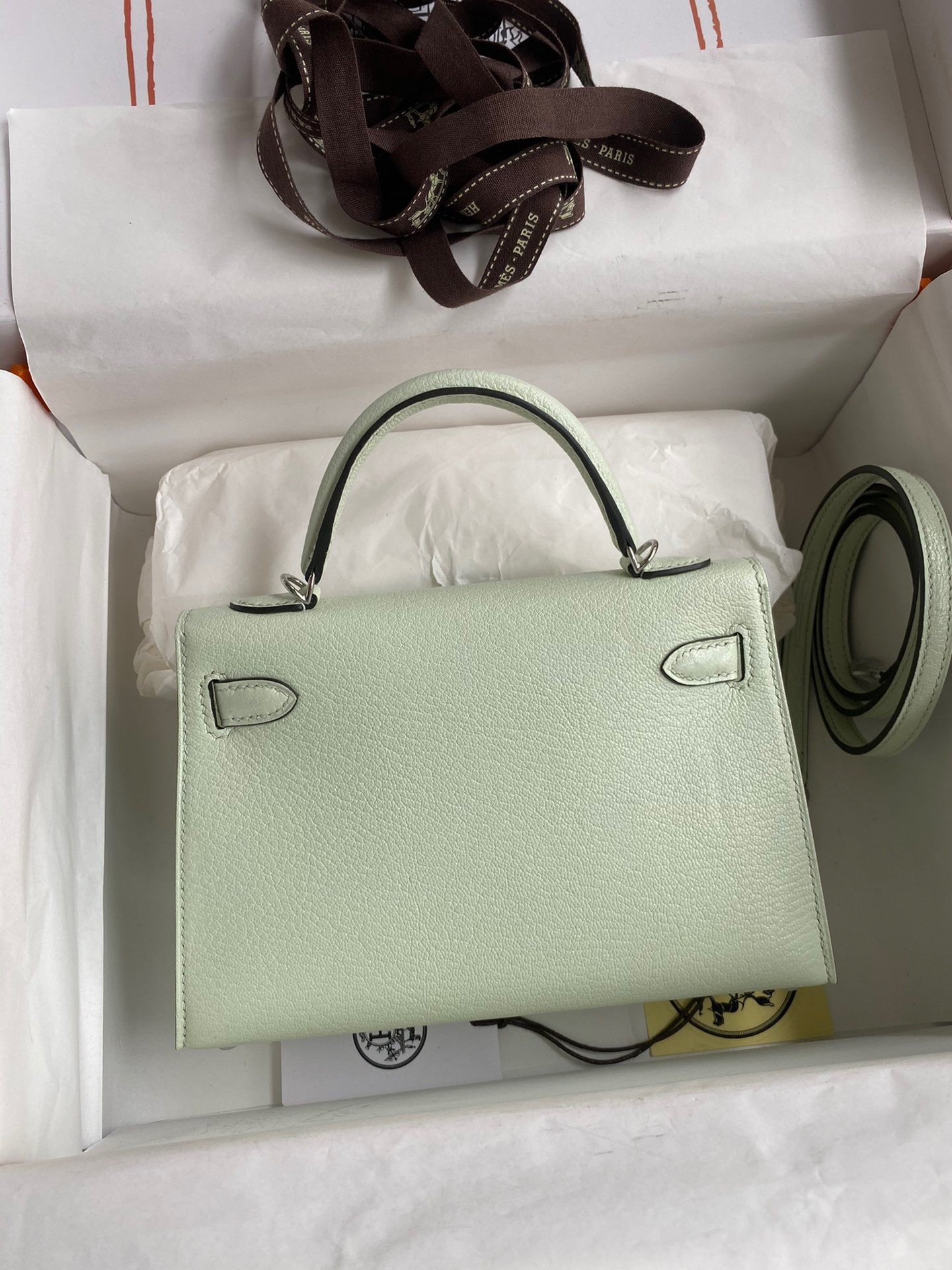 H**mes kelly mini ii sellier handmade bag in vert fizz chevre mysore leather