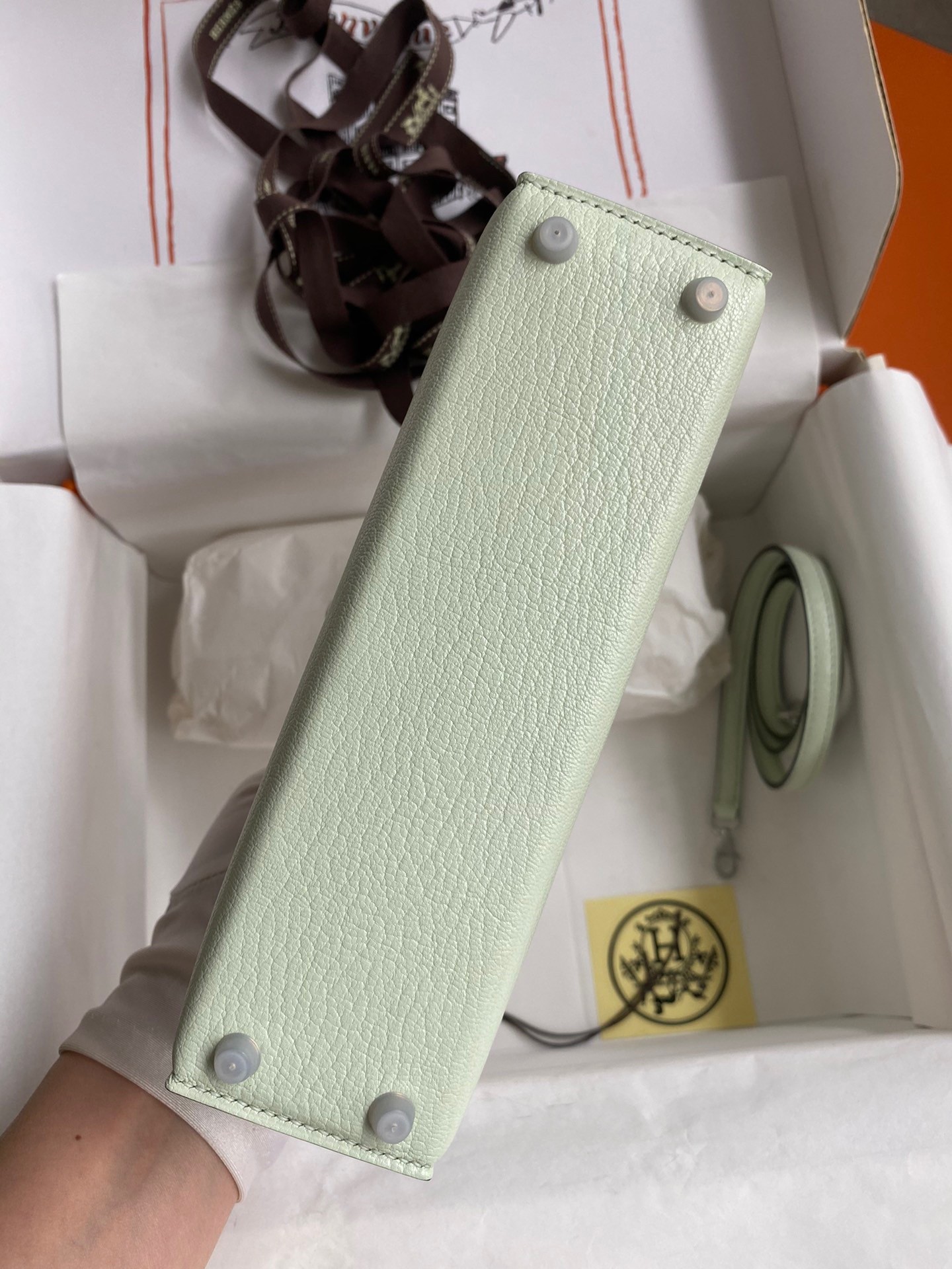 H**mes kelly mini ii sellier handmade bag in vert fizz chevre mysore leather