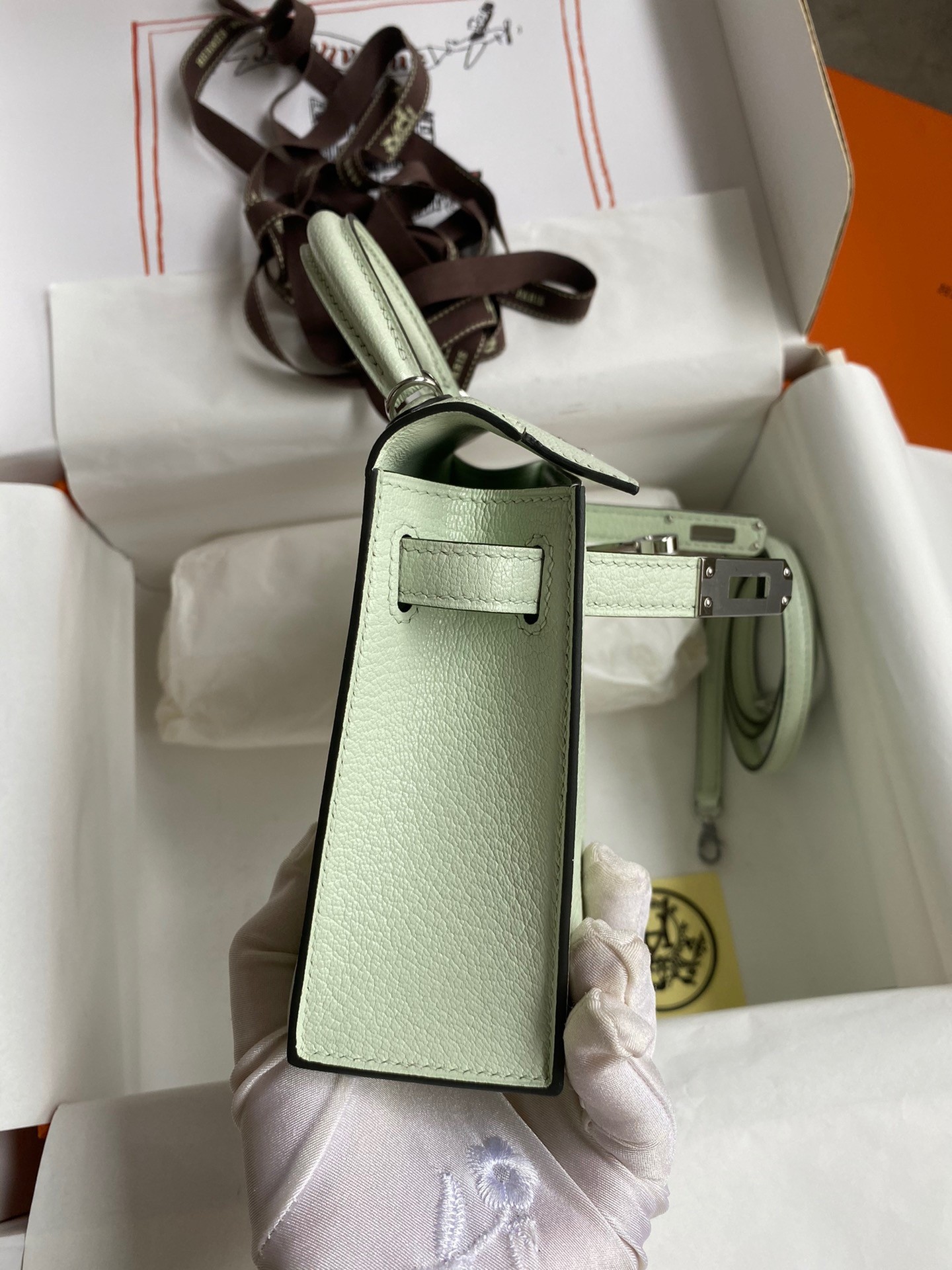 H**mes kelly mini ii sellier handmade bag in vert fizz chevre mysore leather