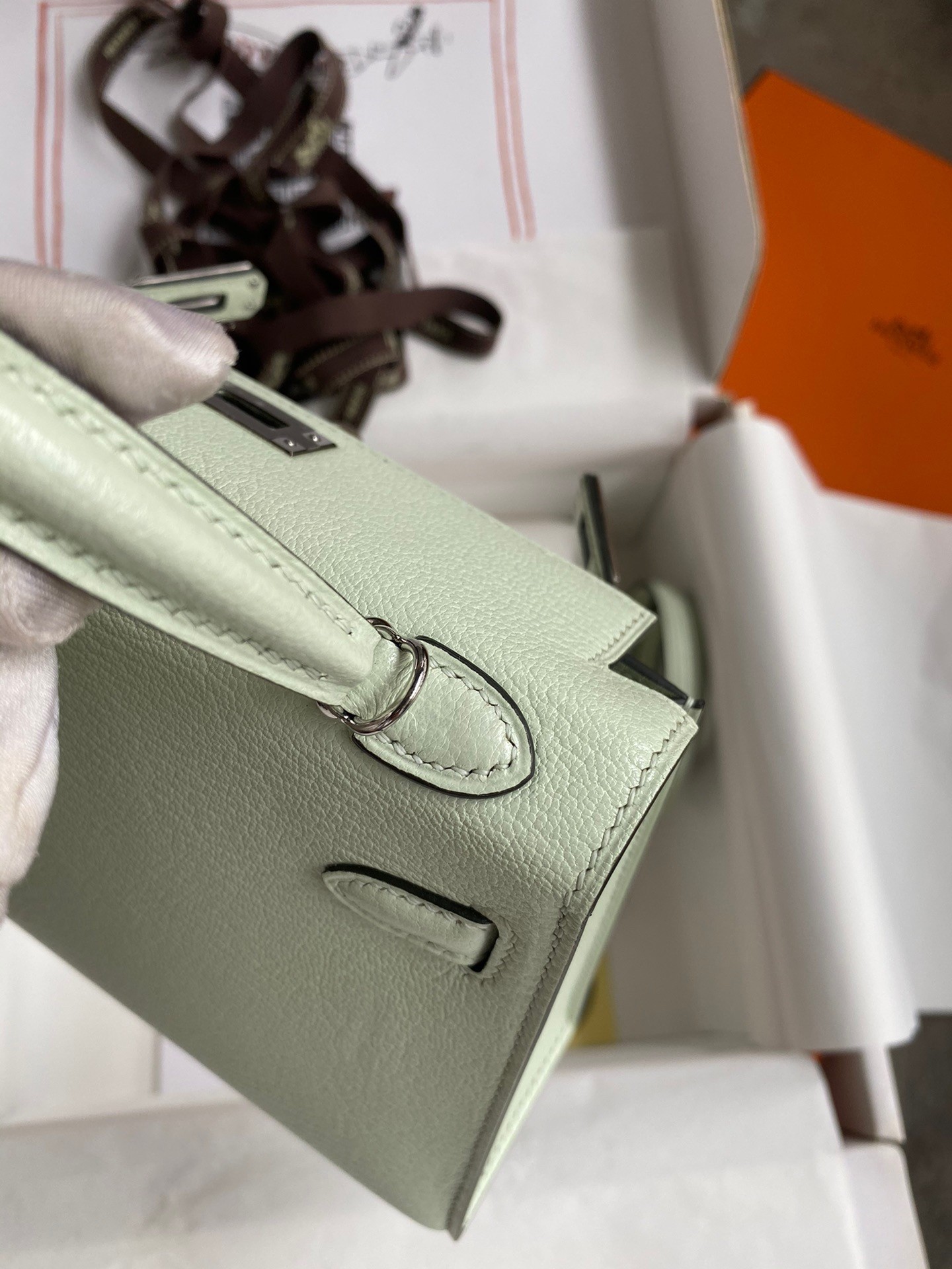 H**mes kelly mini ii sellier handmade bag in vert fizz chevre mysore leather