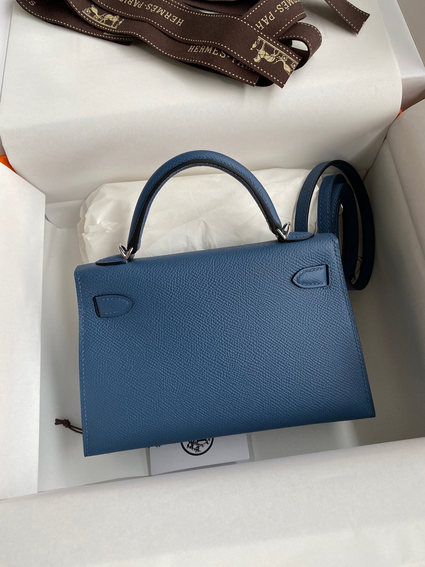 H**mes kelly mini ii sellier handmade bag in blue agate epsom calfskin