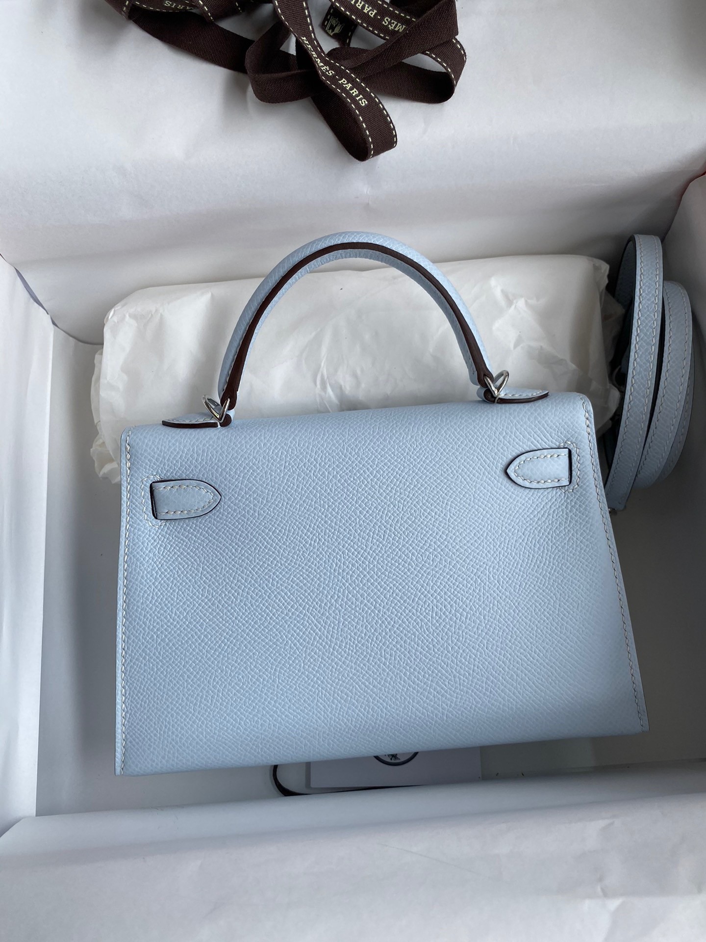 H**mes kelly mini ii sellier handmade bag in blue brume epsom calfskin