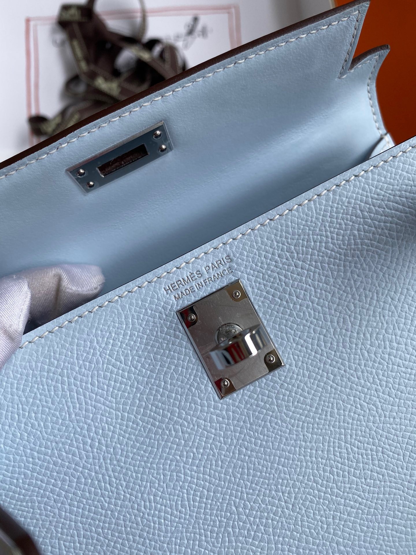 H**mes kelly mini ii sellier handmade bag in blue brume epsom calfskin